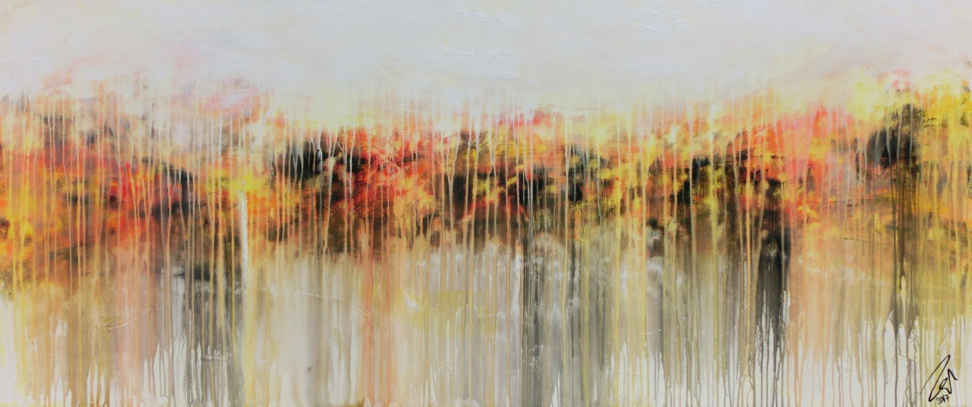 Abstraktes Acrylbild modern in hellen Farben Fließtechnik weiß gelb rot grau