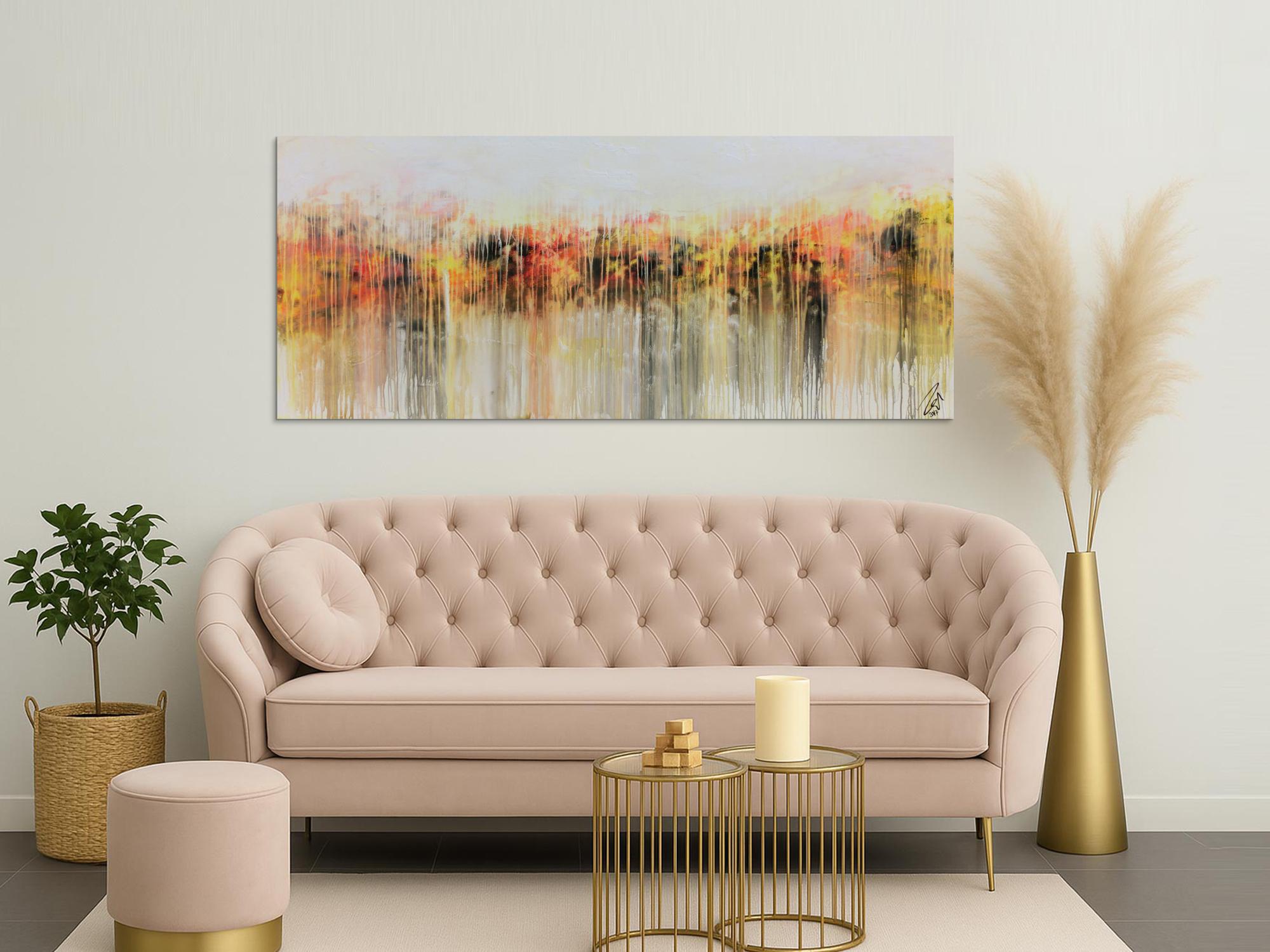 Abstraktes Acrylbild modern in hellen Farben Fließtechnik weiß gelb rot grau