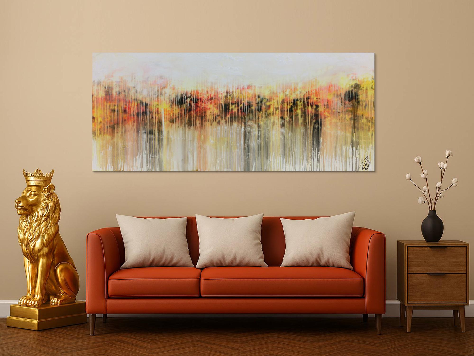 Abstraktes Acrylbild modern in hellen Farben Fließtechnik weiß gelb rot grau