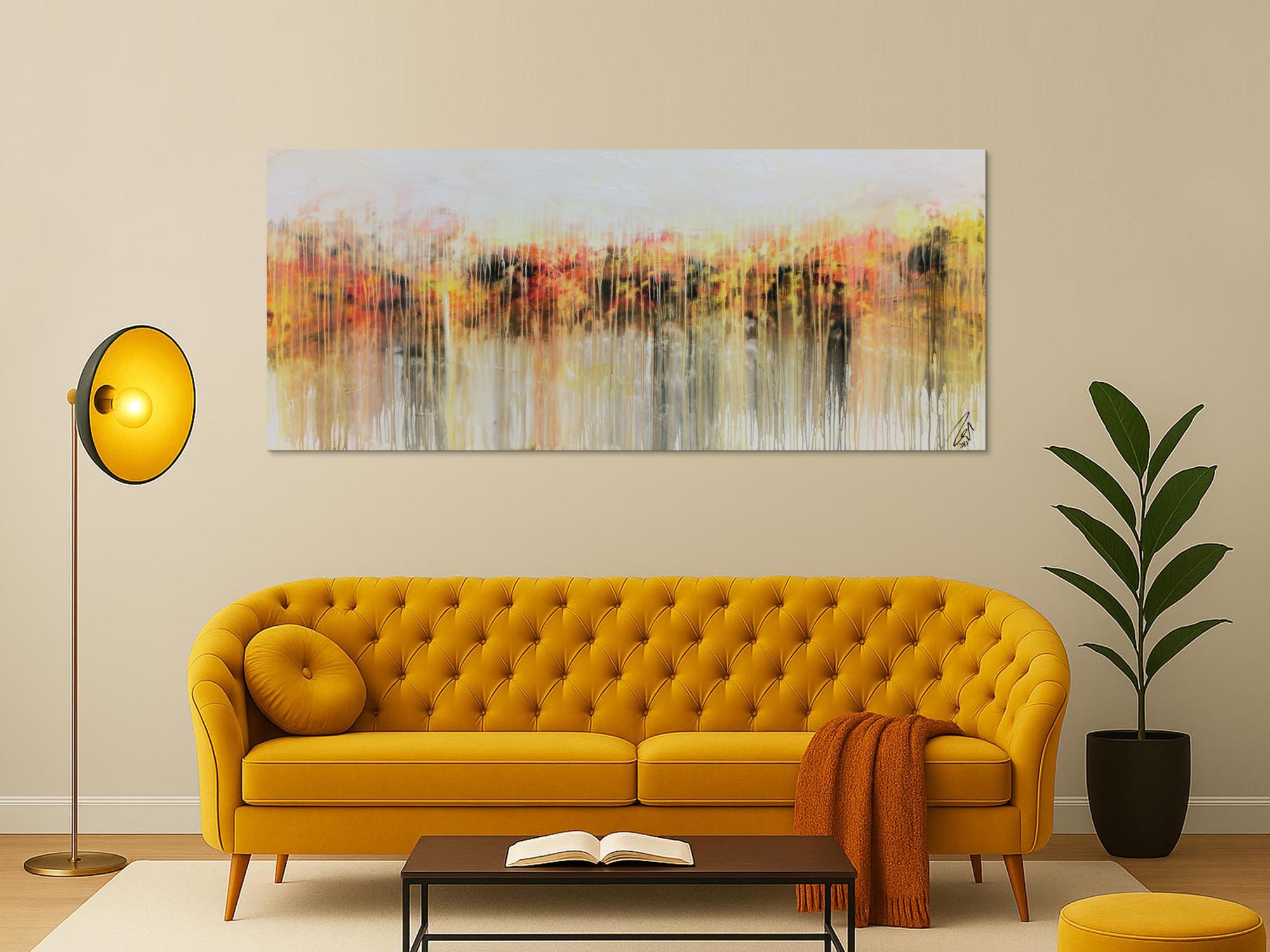 Abstraktes Acrylbild modern in hellen Farben Fließtechnik weiß gelb rot grau