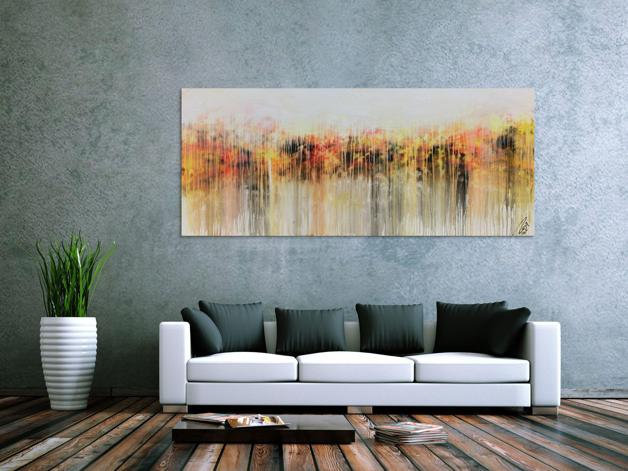 Abstraktes Acrylbild modern in hellen Farben Fließtechnik weiß gelb rot grau