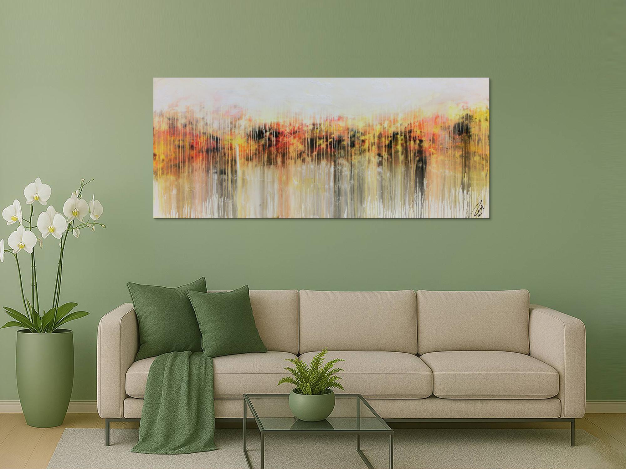 Abstraktes Acrylbild modern in hellen Farben Fließtechnik weiß gelb rot grau