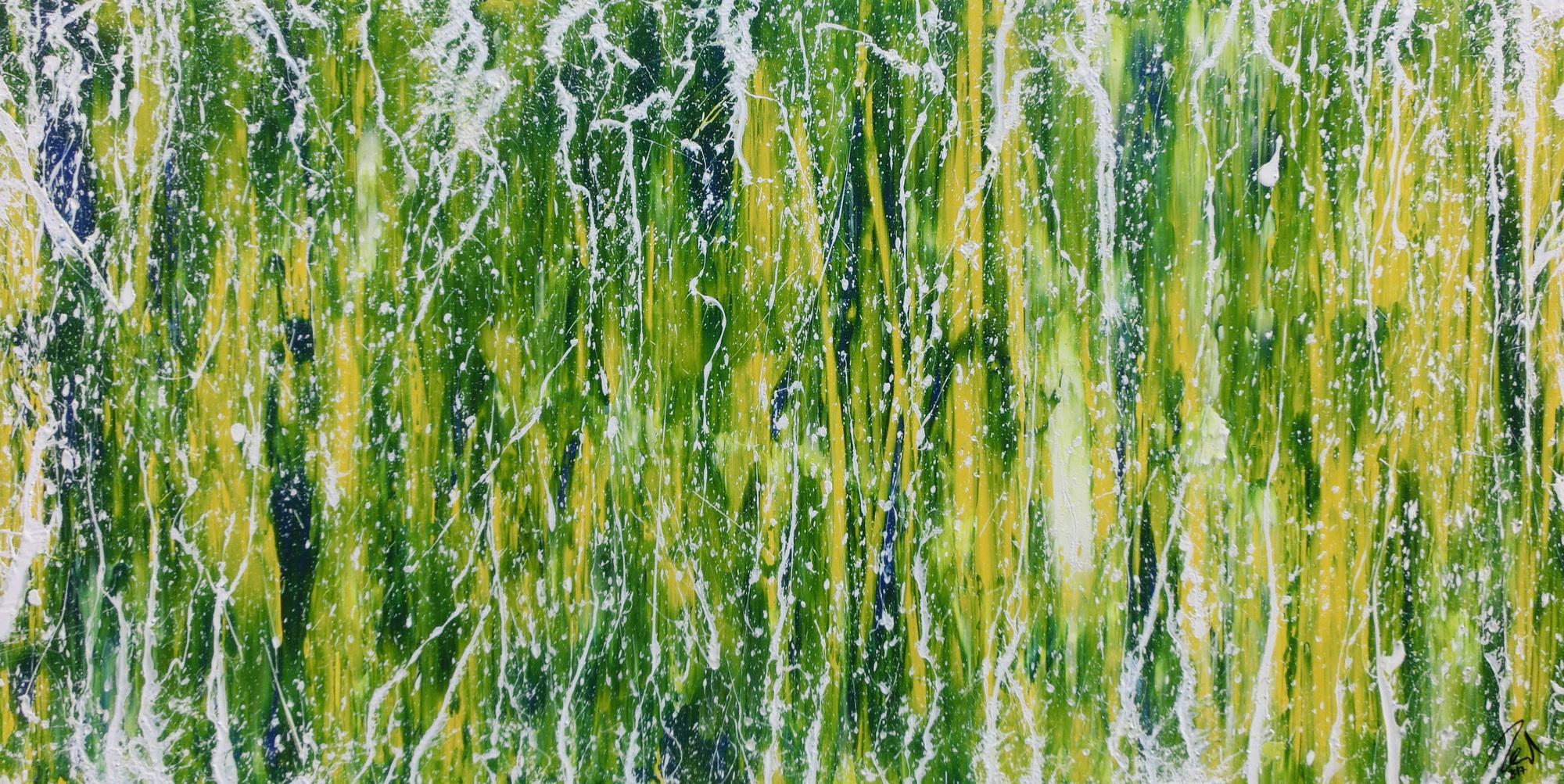 Abstraktes Acrylgemälde moderne Mischtechnik in grün blau gelb weiß