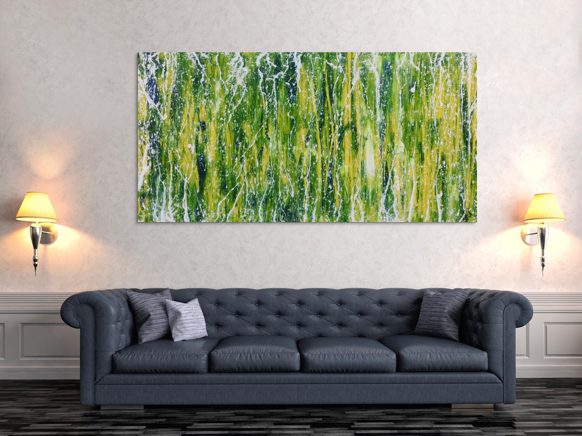 Abstraktes Acrylgemälde moderne Mischtechnik in grün blau gelb weiß