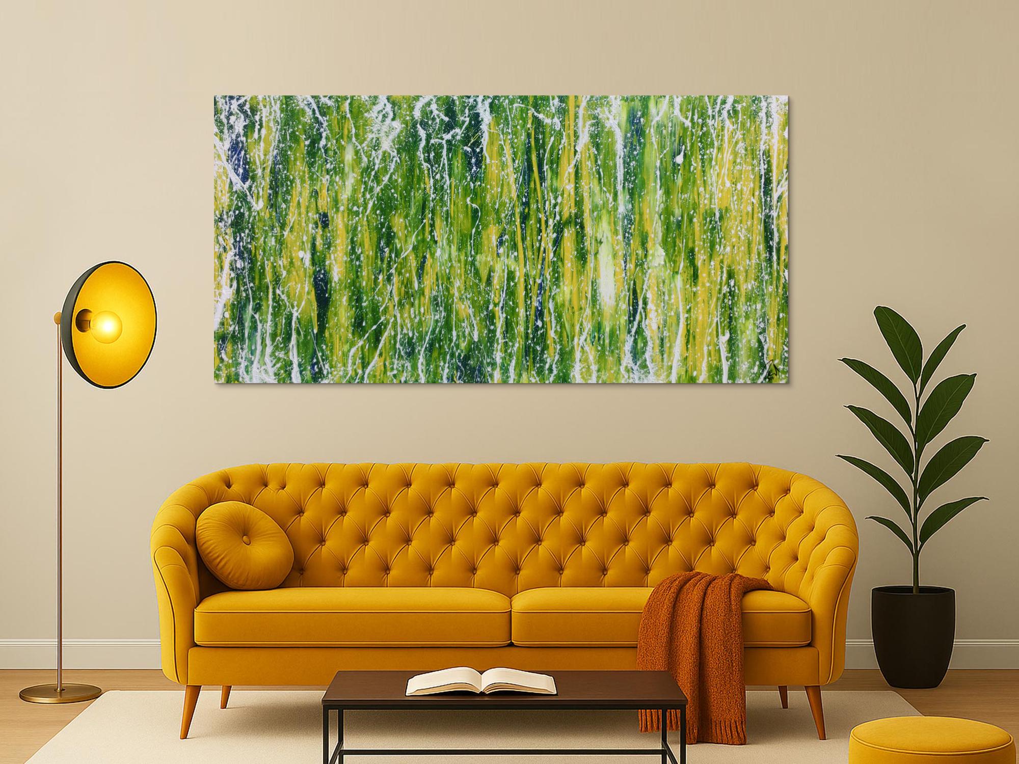 Abstraktes Acrylgemälde moderne Mischtechnik in grün blau gelb weiß