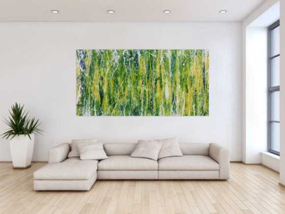 Abstraktes Acrylgemälde moderne Mischtechnik in grün blau gelb weiß