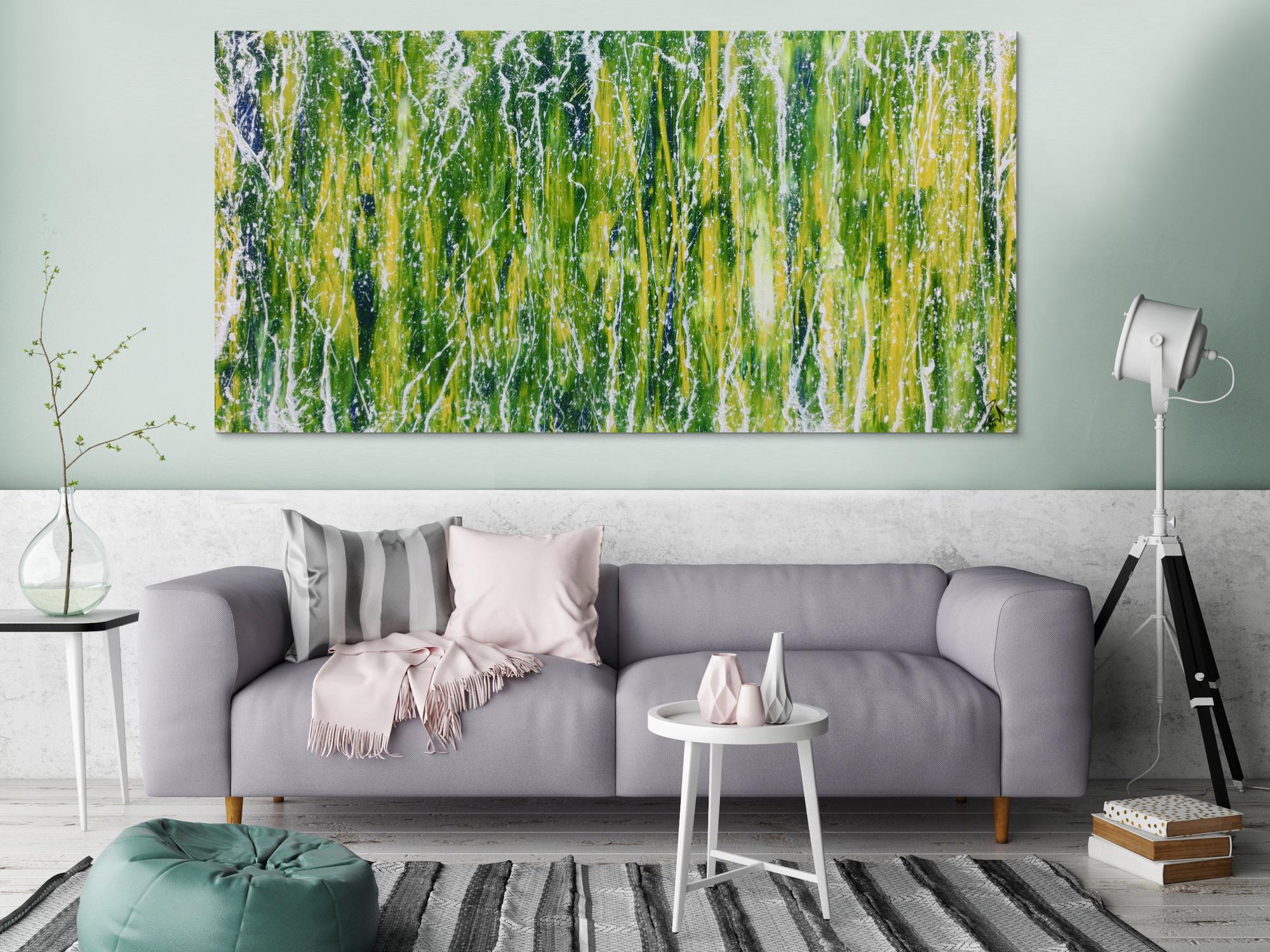 Abstraktes Acrylgemälde moderne Mischtechnik in grün blau gelb weiß