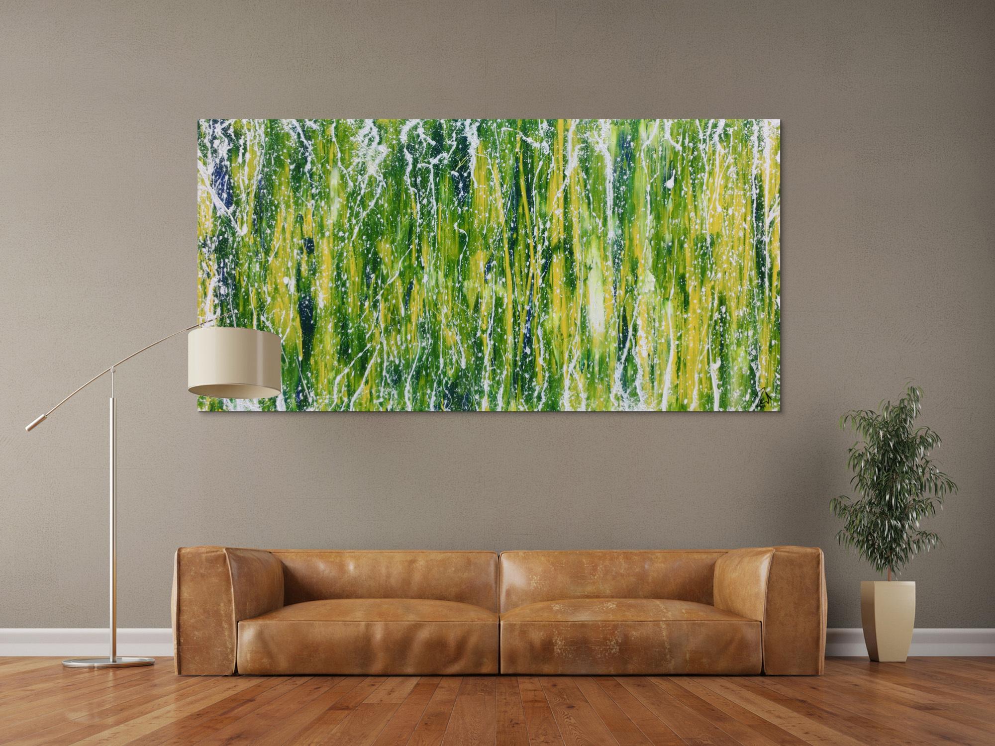 Abstraktes Acrylgemälde moderne Mischtechnik in grün blau gelb weiß