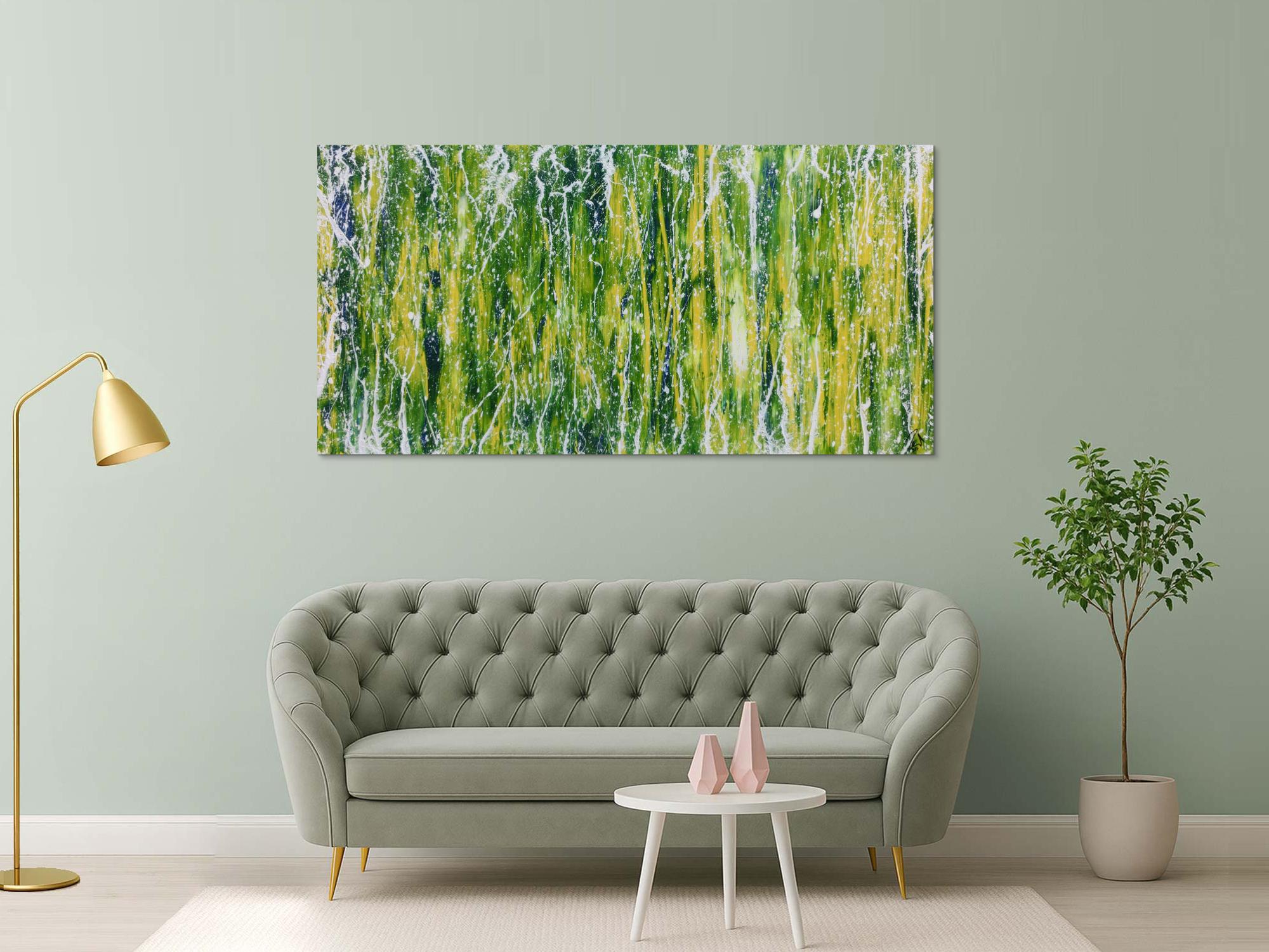 Abstraktes Acrylgemälde moderne Mischtechnik in grün blau gelb weiß