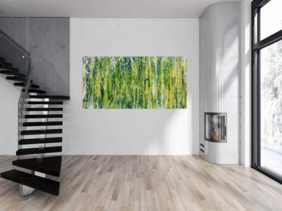 Abstraktes Acrylgemälde moderne Mischtechnik in grün blau gelb weiß
