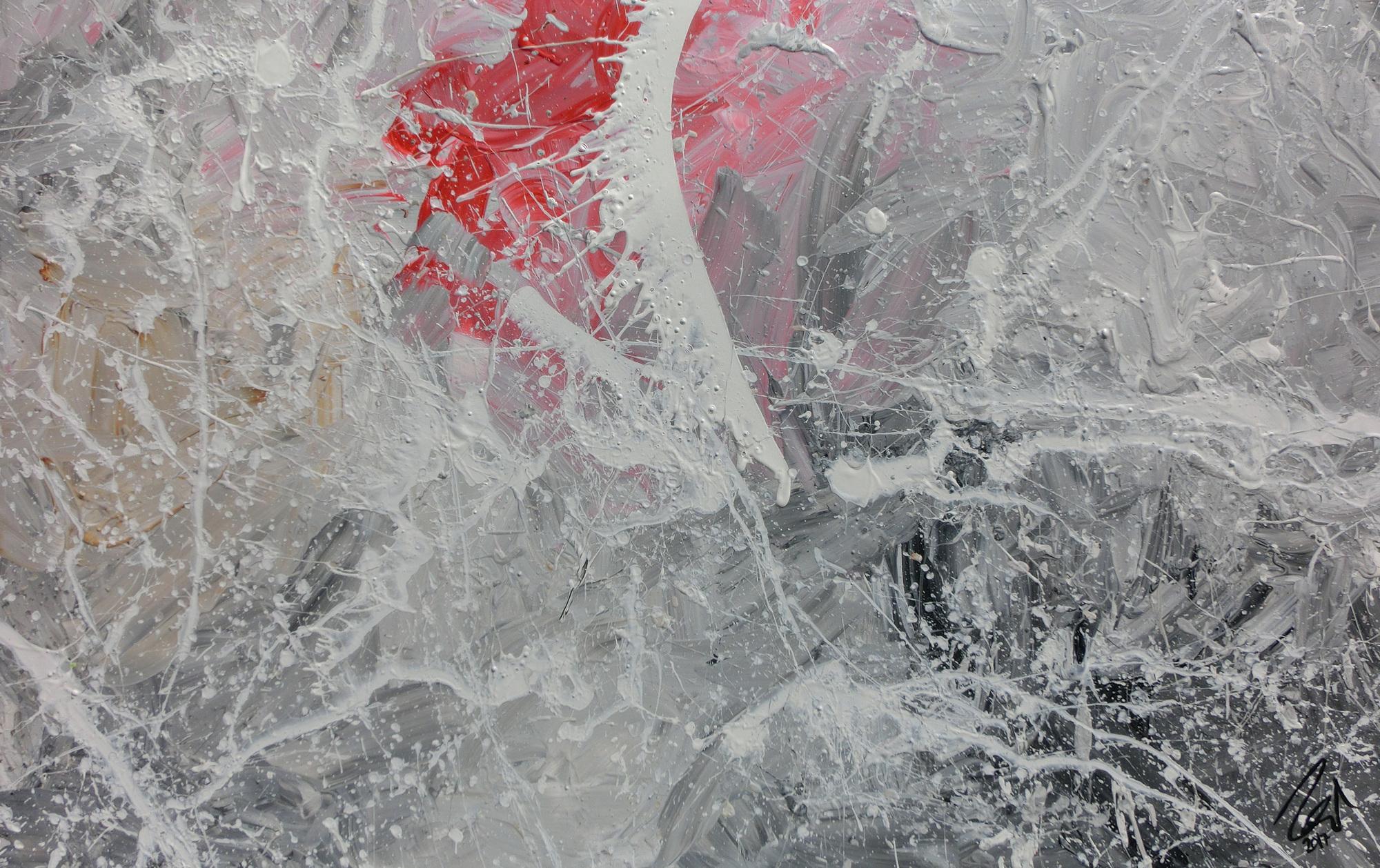 Abstraktes Acrylgemälde in grau Actionpainting modern in grau weiß rot
