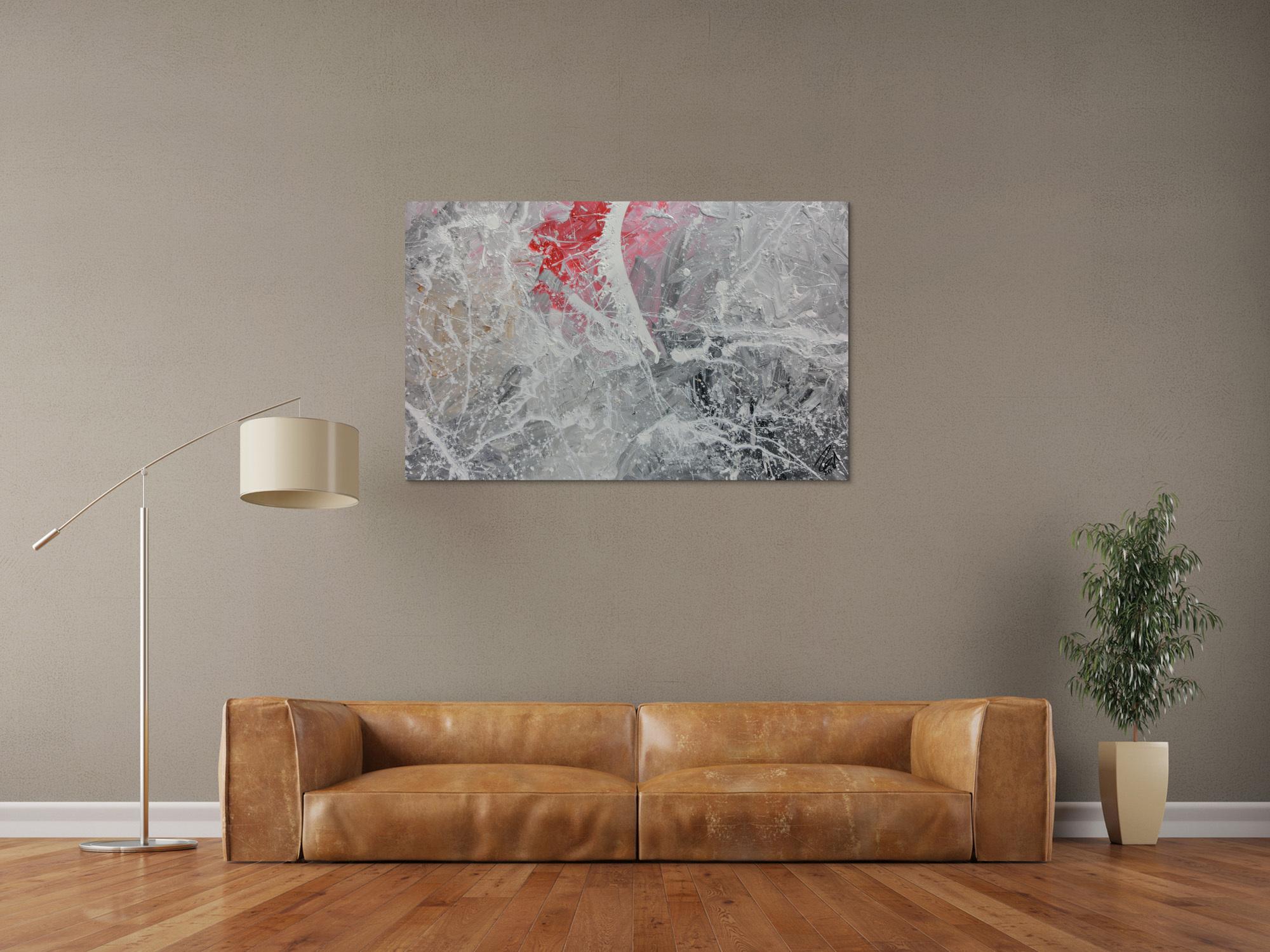 Abstraktes Acrylgemälde in grau Actionpainting modern in grau weiß rot