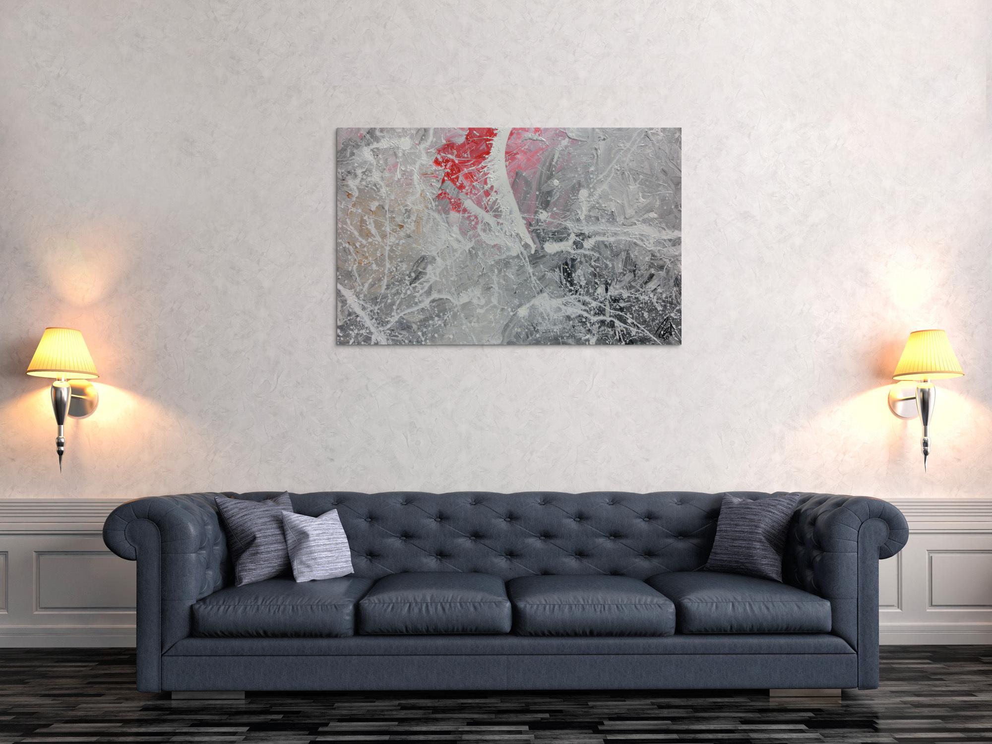 Abstraktes Acrylgemälde in grau Actionpainting modern in grau weiß rot