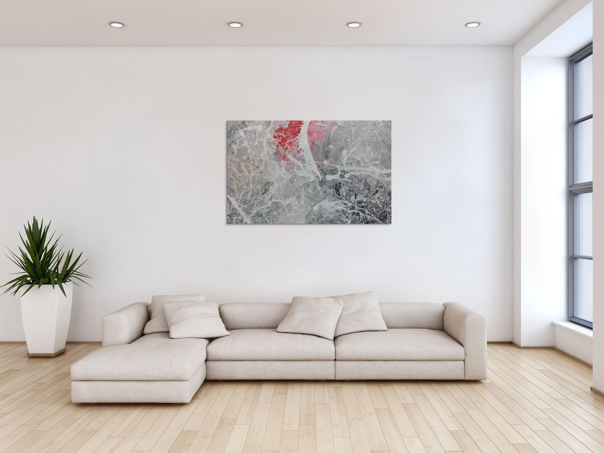 Abstraktes Acrylgemälde in grau Actionpainting modern in grau weiß rot