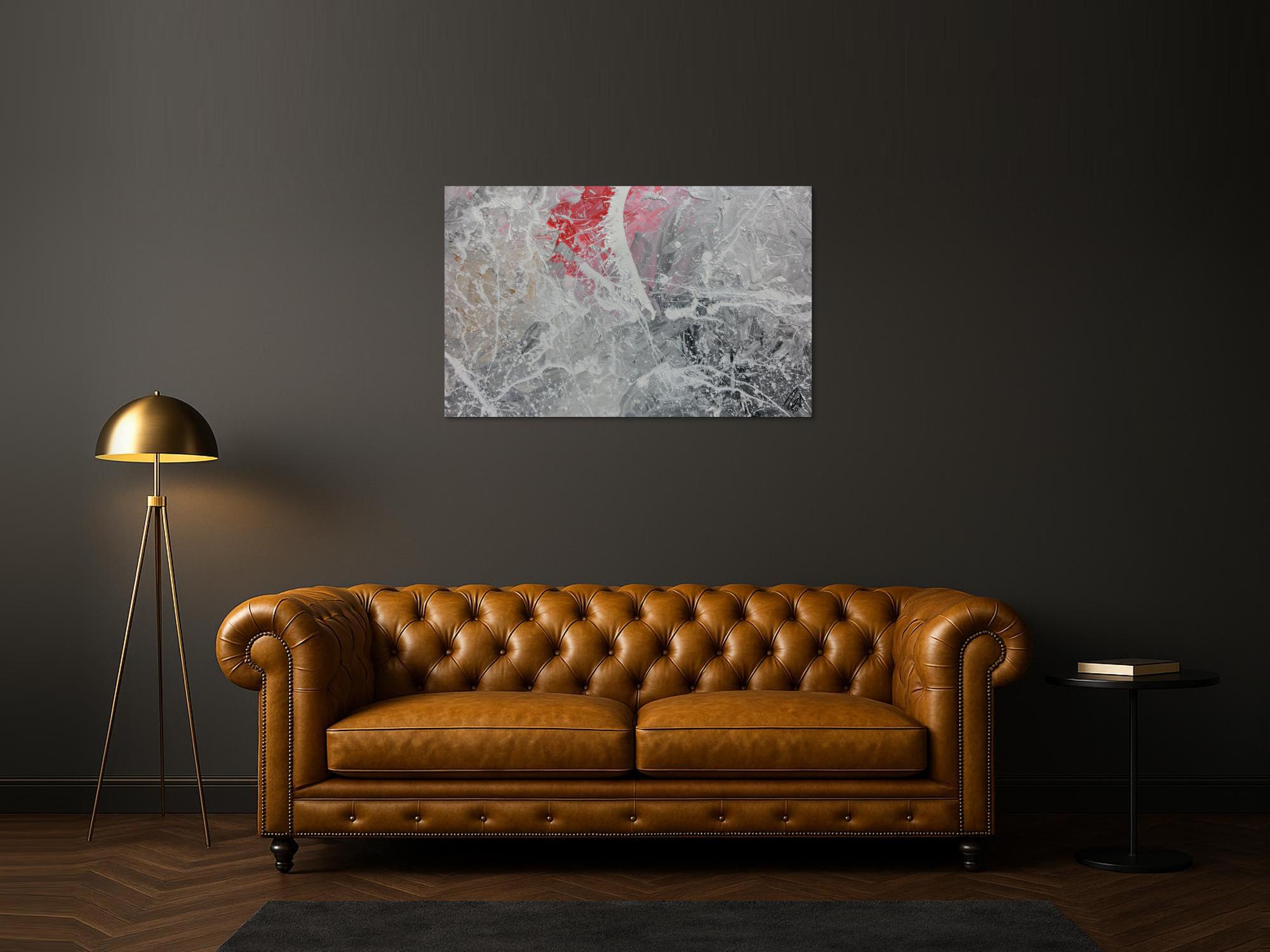 Abstraktes Acrylgemälde in grau Actionpainting modern in grau weiß rot