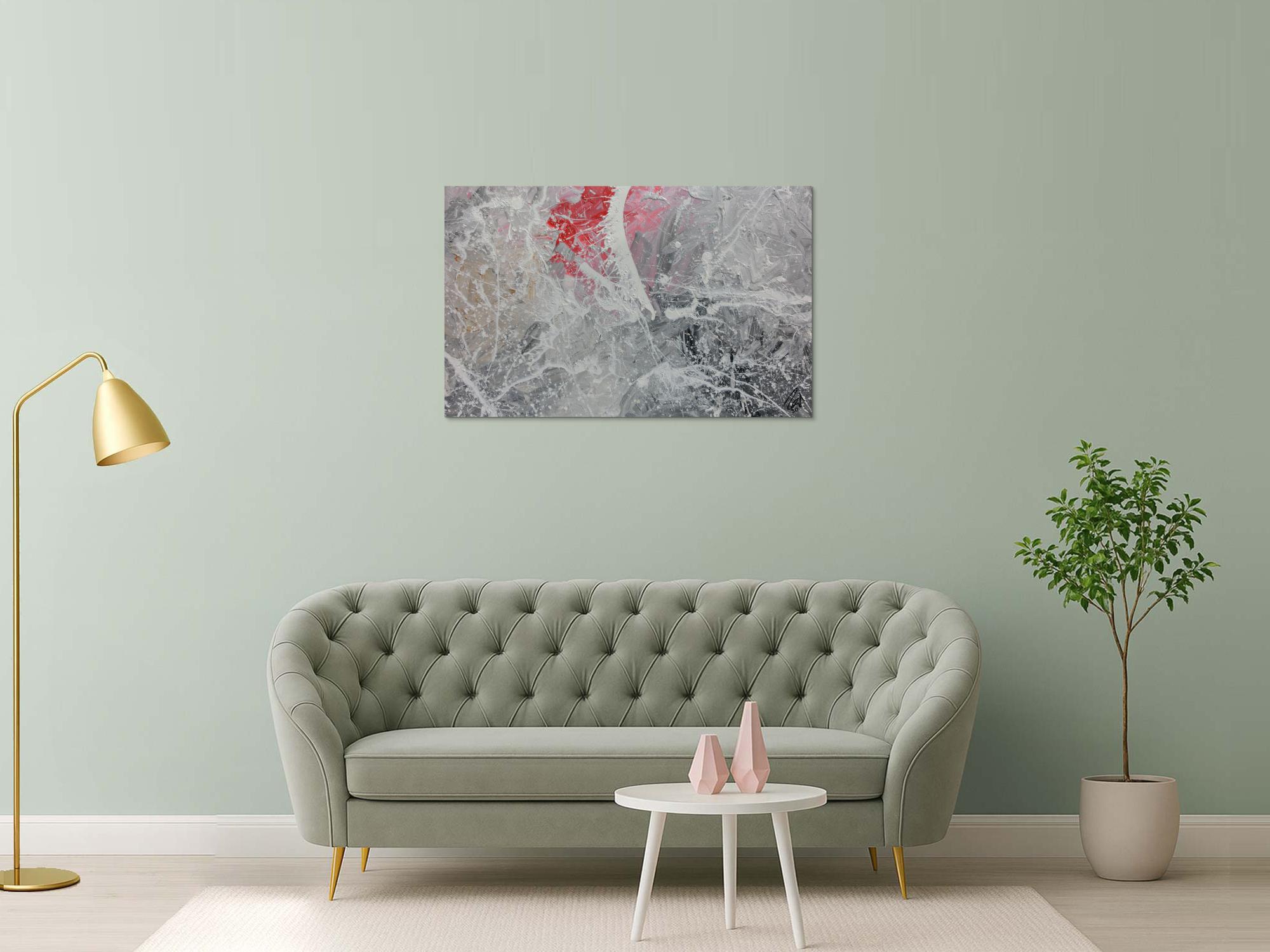 Abstraktes Acrylgemälde in grau Actionpainting modern in grau weiß rot