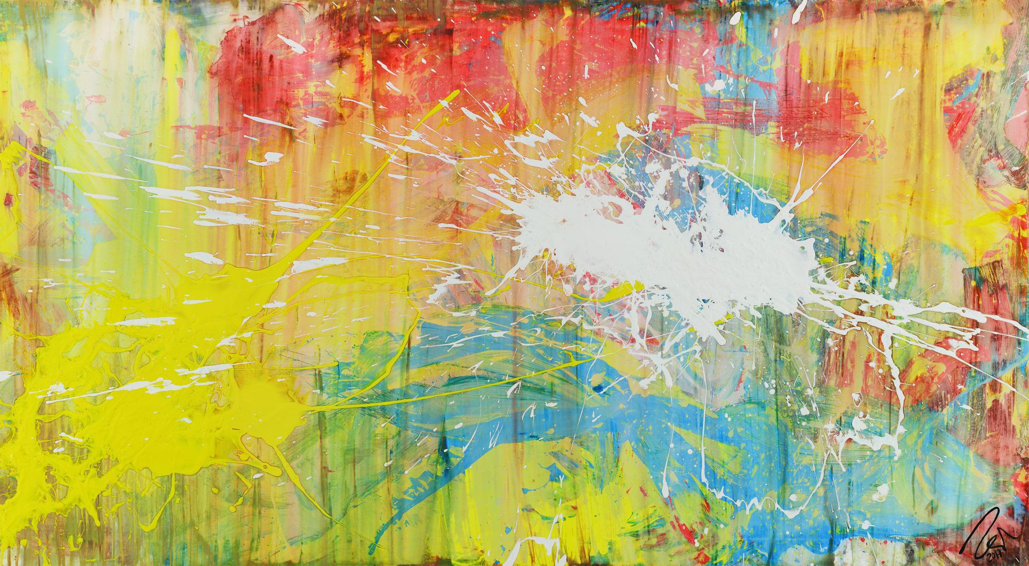 Abstrakts Bild aus Acryl bunte Farben Mischtechnik Actionpainting weiß gelb rot blau