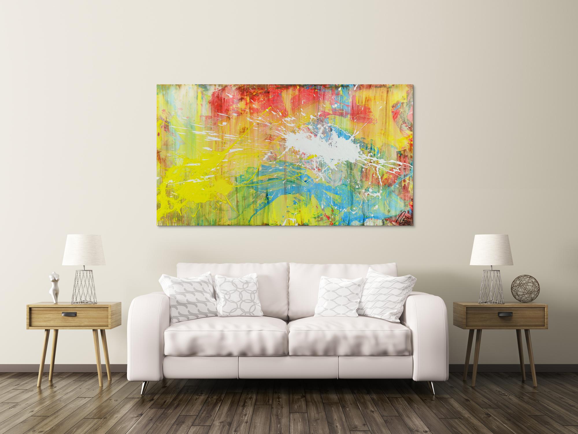 Abstrakts Bild aus Acryl bunte Farben Mischtechnik Actionpainting weiß gelb rot blau