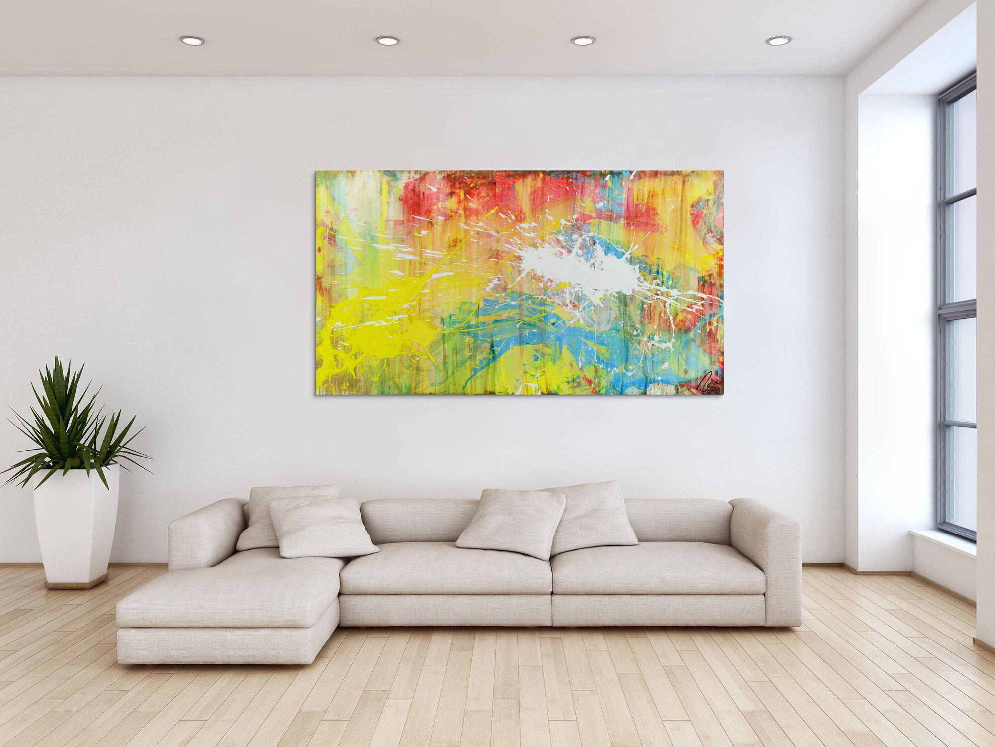 Abstrakts Bild aus Acryl bunte Farben Mischtechnik Actionpainting weiß gelb rot blau