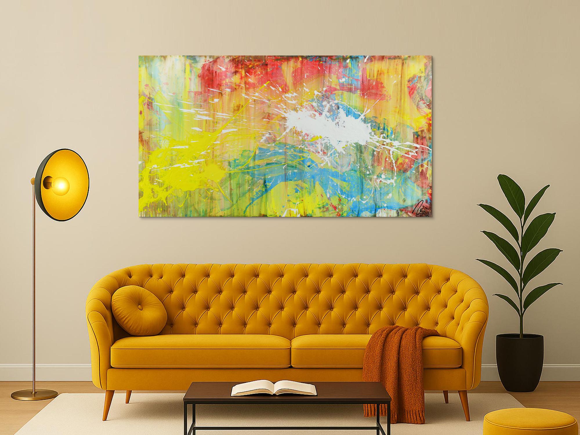 Abstrakts Bild aus Acryl bunte Farben Mischtechnik Actionpainting weiß gelb rot blau