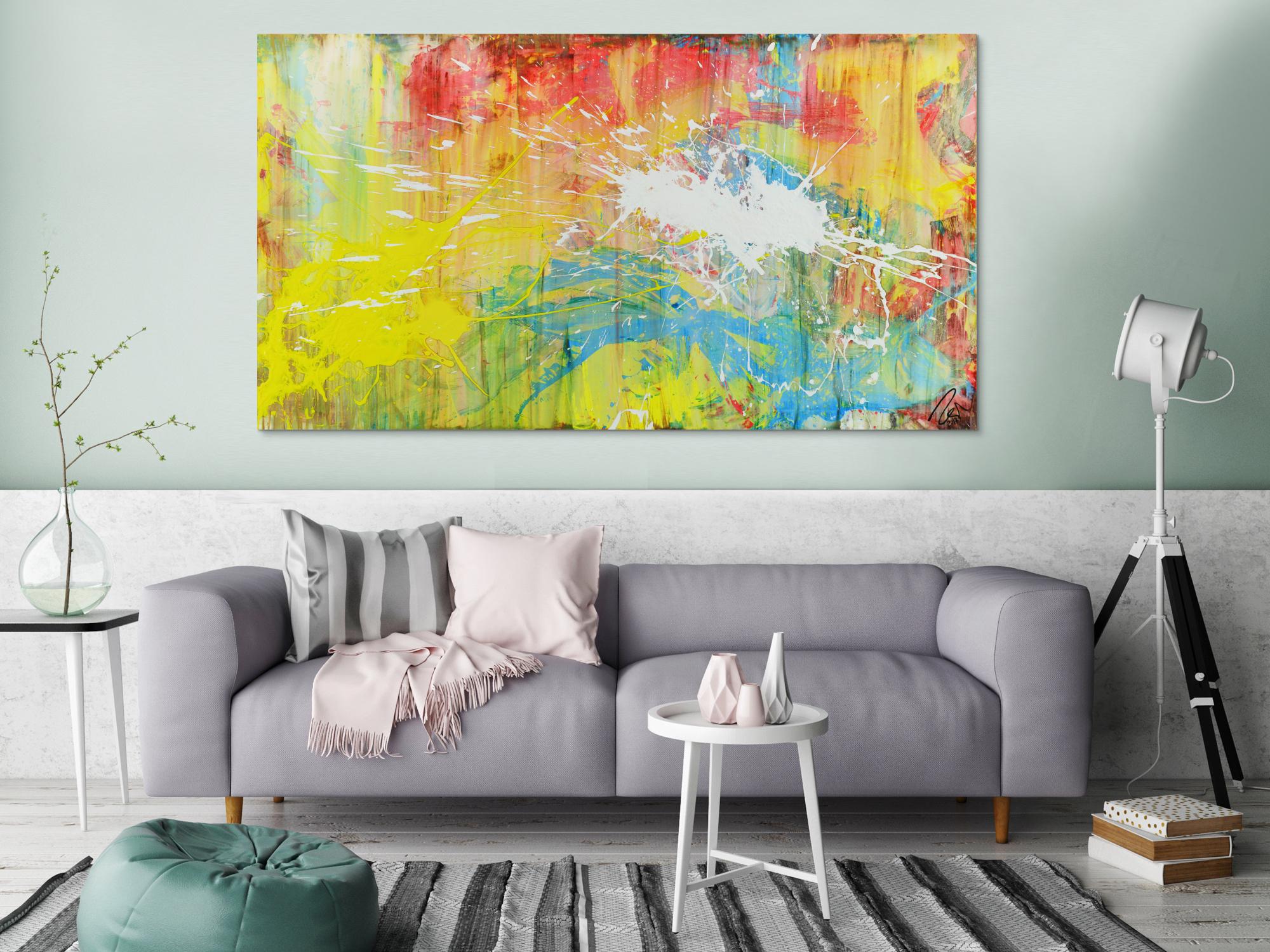 Abstrakts Bild aus Acryl bunte Farben Mischtechnik Actionpainting weiß gelb rot blau