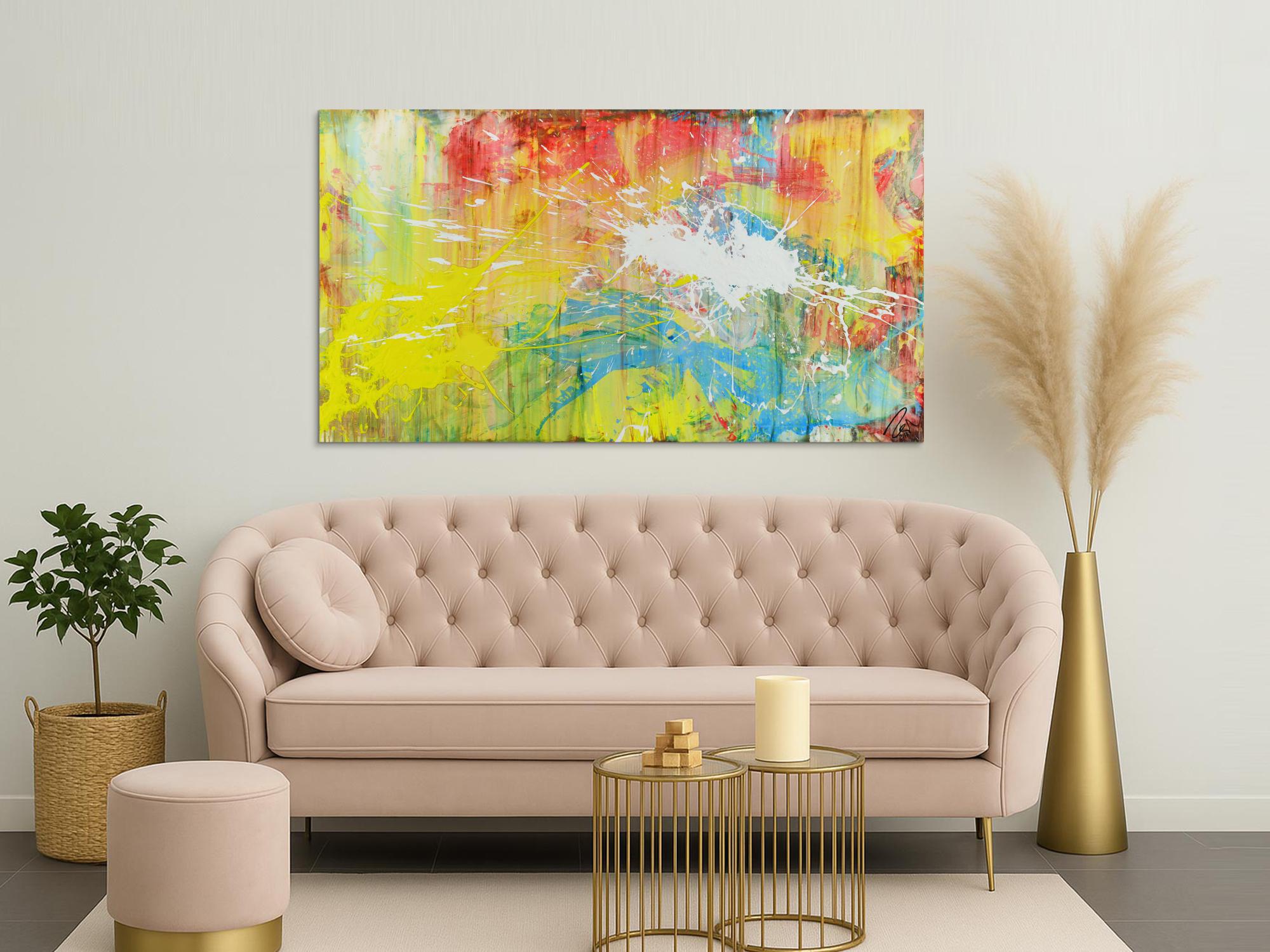 Abstrakts Bild aus Acryl bunte Farben Mischtechnik Actionpainting weiß gelb rot blau