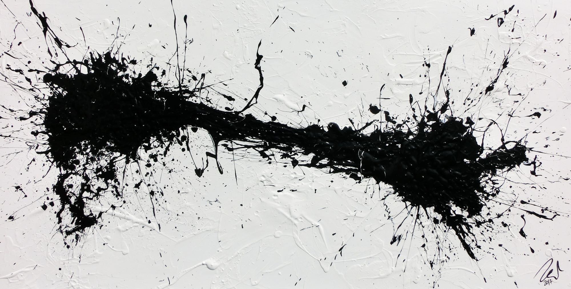 Minimalistisches abstraktes Acrylbild in schwarz weiß Action Painting Spash Art