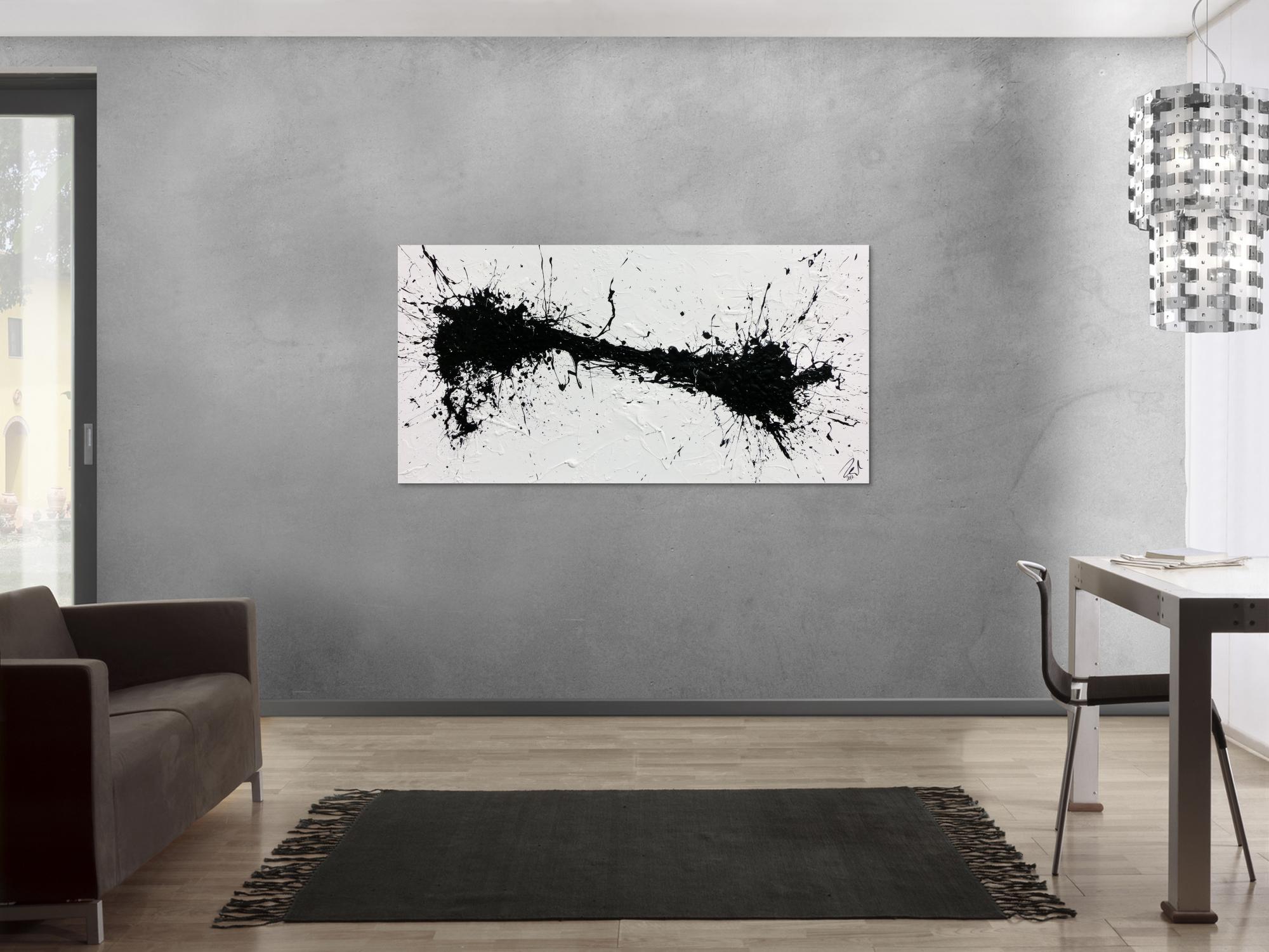 Minimalistisches abstraktes Acrylbild in schwarz weiß Action Painting Spash Art