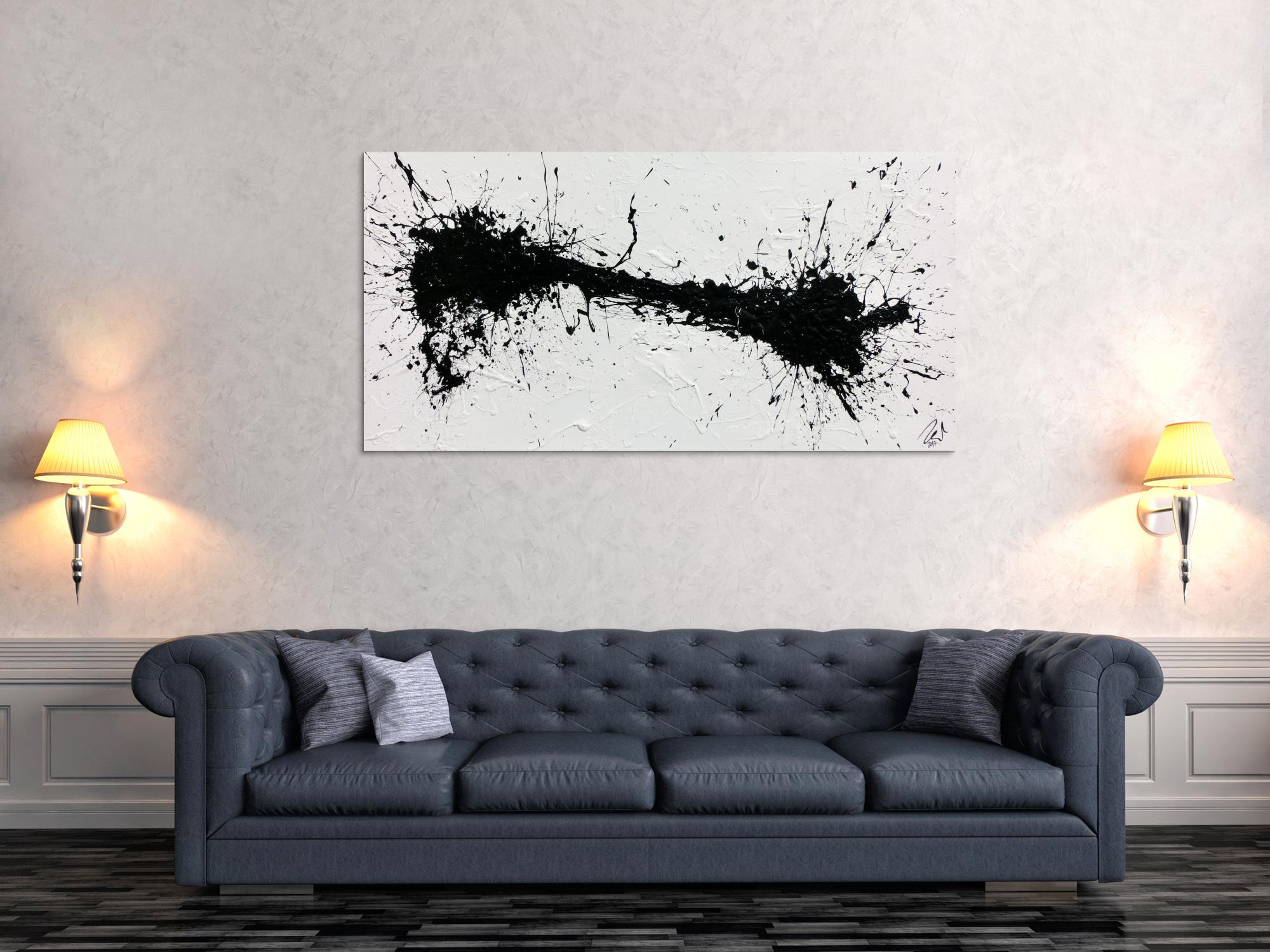 Minimalistisches abstraktes Acrylbild in schwarz weiß Action Painting Spash Art