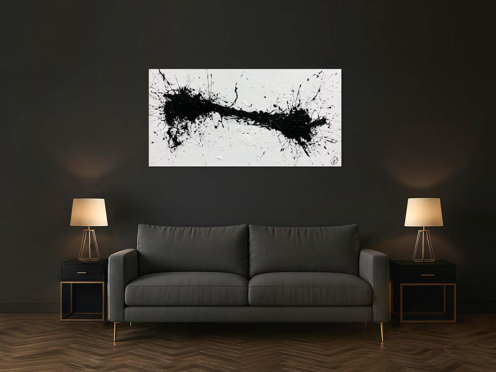 Minimalistisches abstraktes Acrylbild in schwarz weiß Action Painting Spash Art