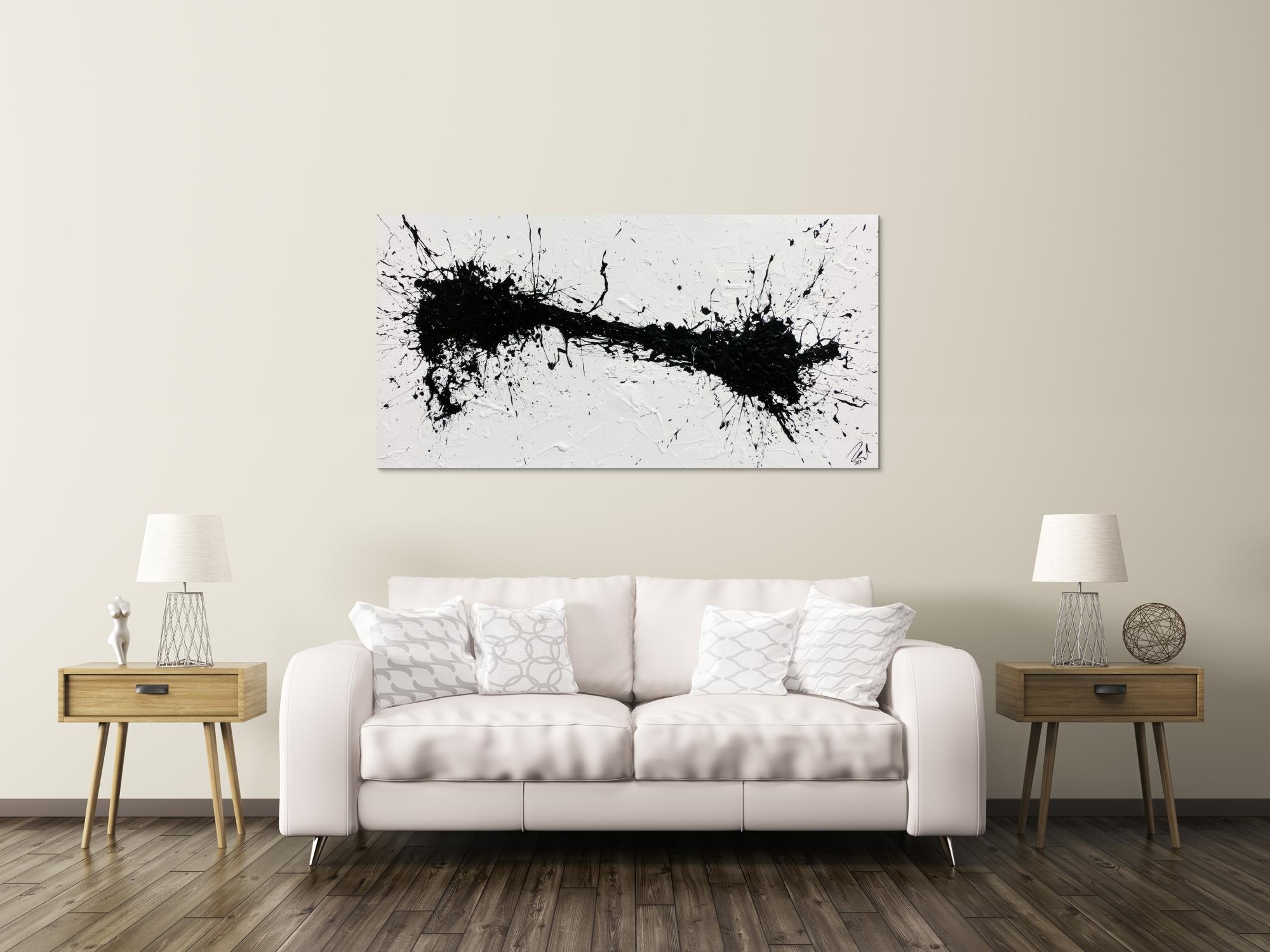 Minimalistisches abstraktes Acrylbild in schwarz weiß Action Painting Spash Art