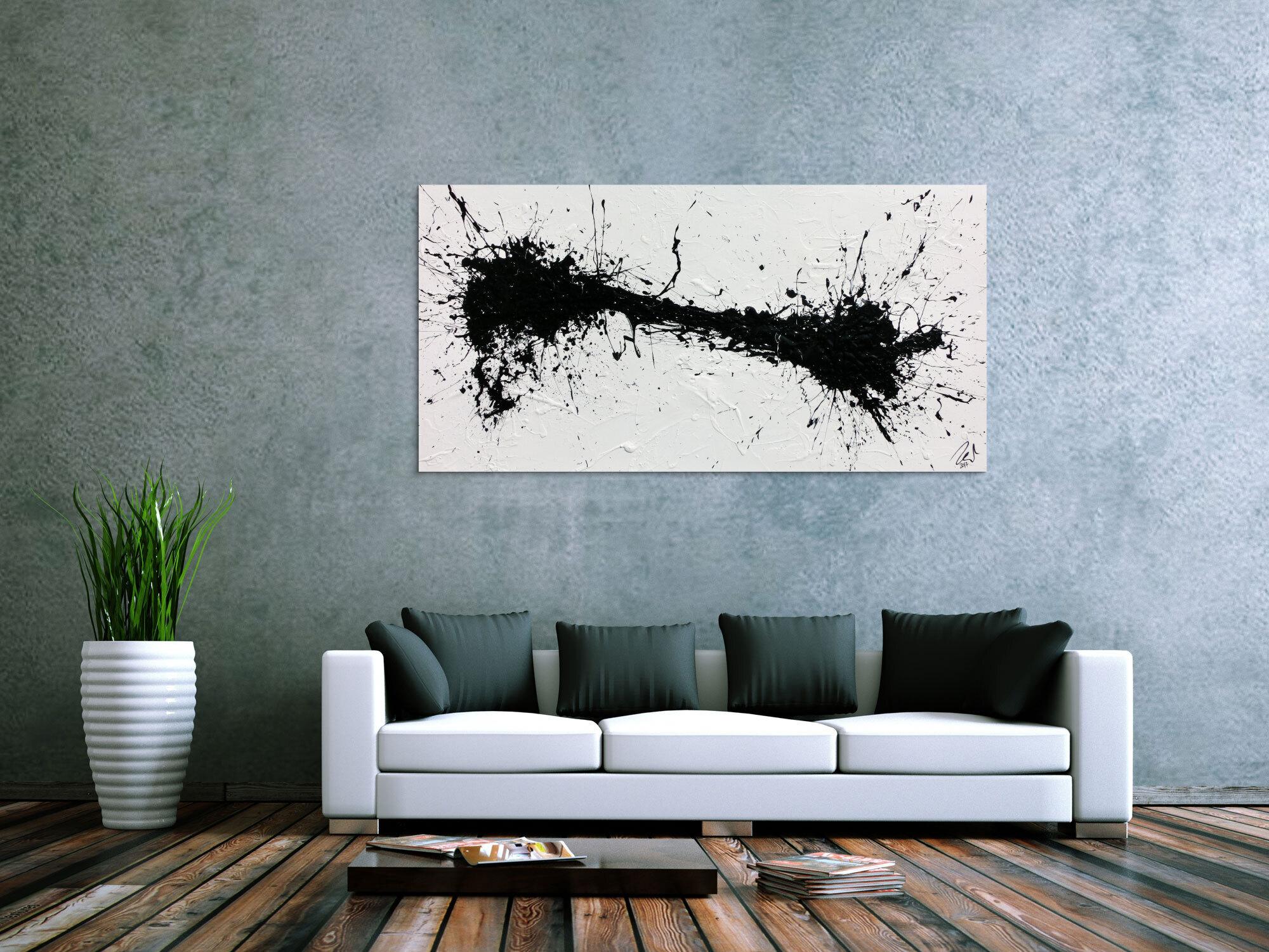Minimalistisches abstraktes Acrylbild in schwarz weiß Action Painting Spash Art