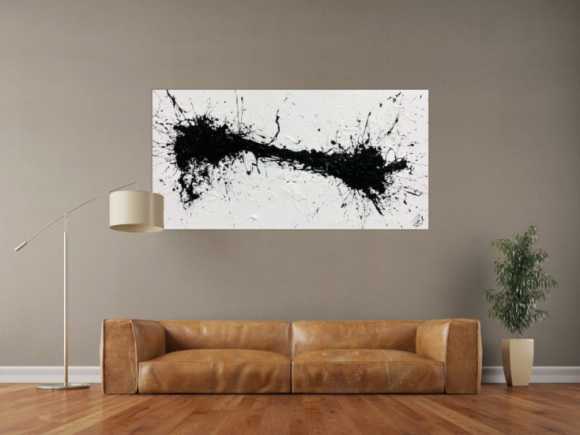Minimalistisches abstraktes Acrylbild in schwarz weiß Action Painting Spash Art