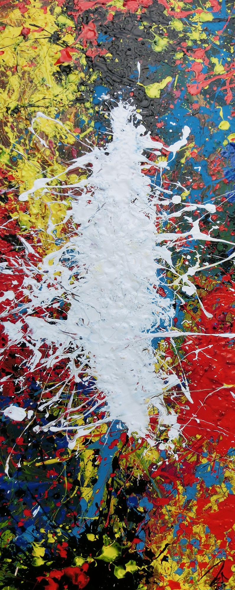 Abstraktes Acrylbild Action Painting bunt mit weißem Fleck