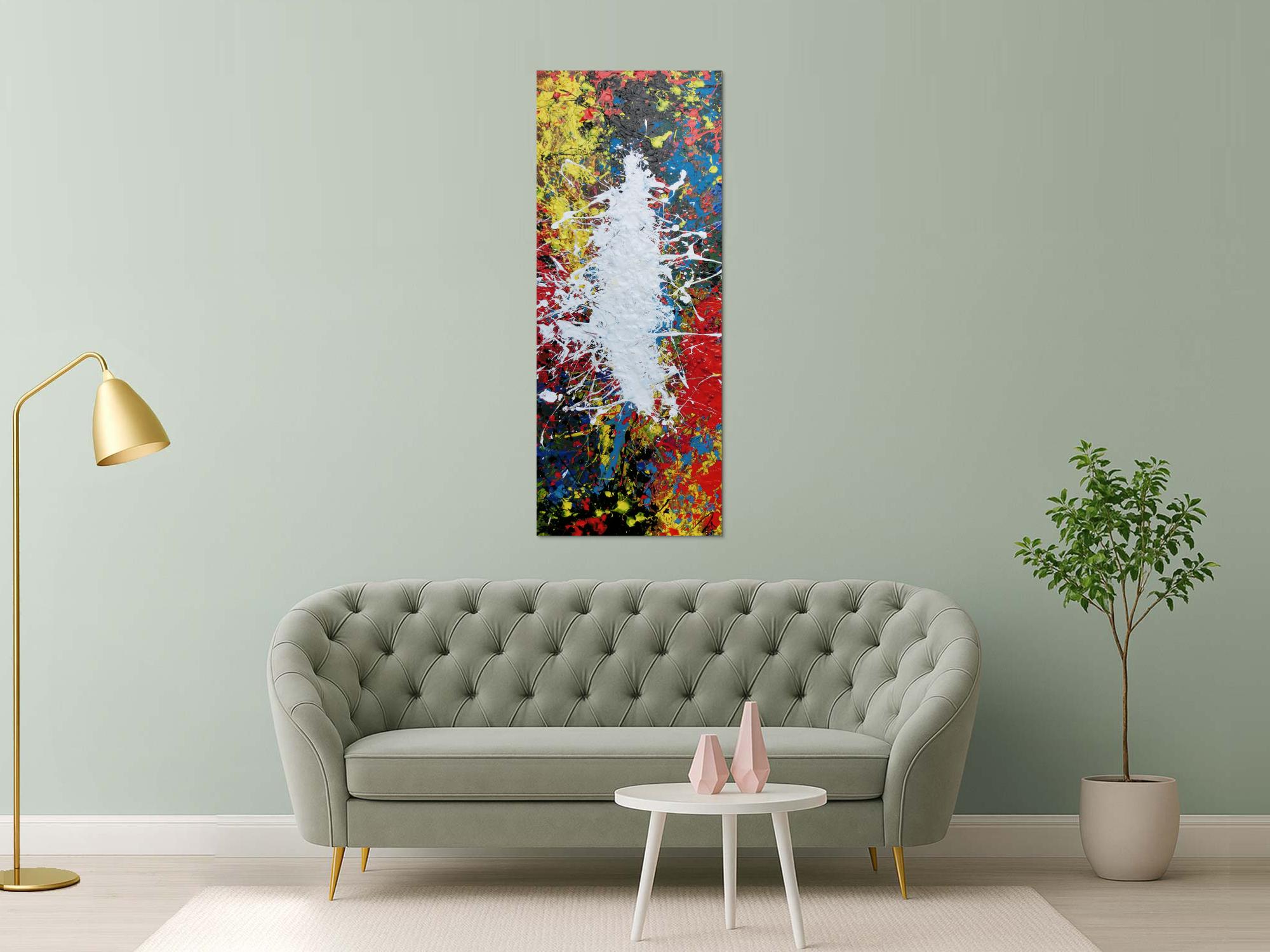 Abstraktes Acrylbild Action Painting bunt mit weißem Fleck