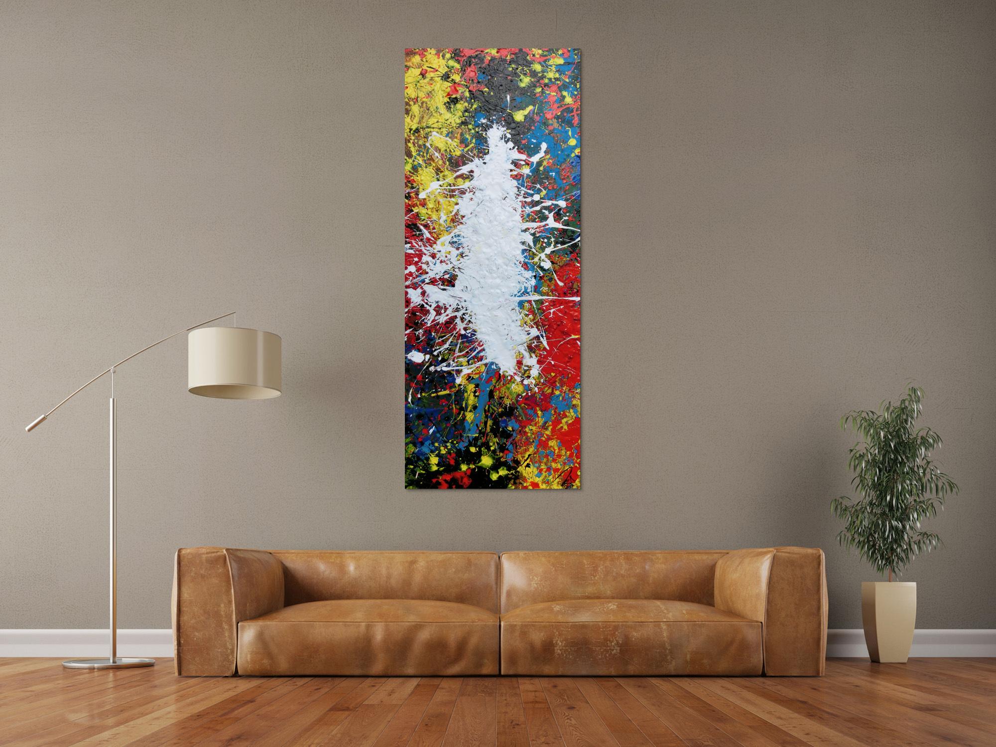 Abstraktes Acrylbild Action Painting bunt mit weißem Fleck