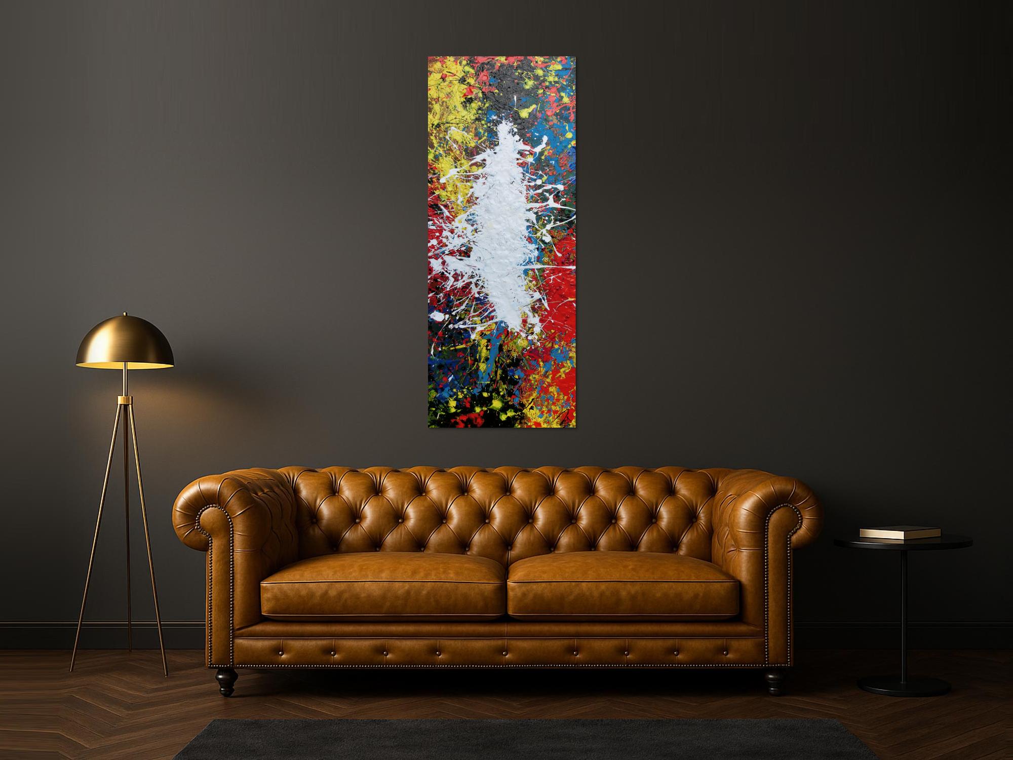 Abstraktes Acrylbild Action Painting bunt mit weißem Fleck