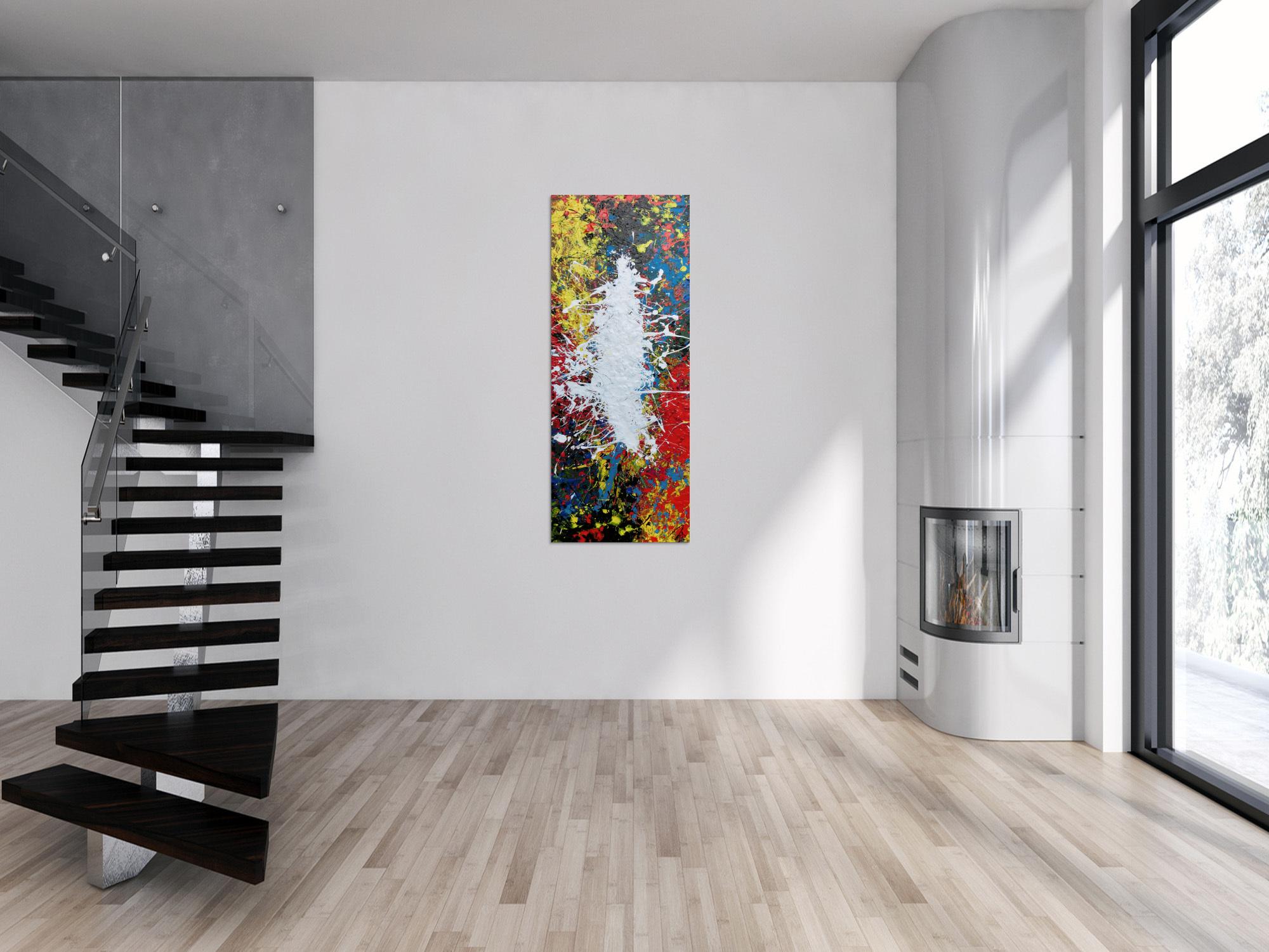 Abstraktes Acrylbild Action Painting bunt mit weißem Fleck