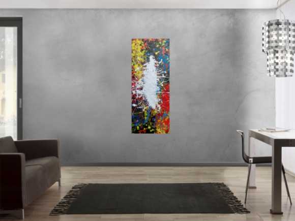 Abstraktes Acrylbild Action Painting bunt mit weißem Fleck