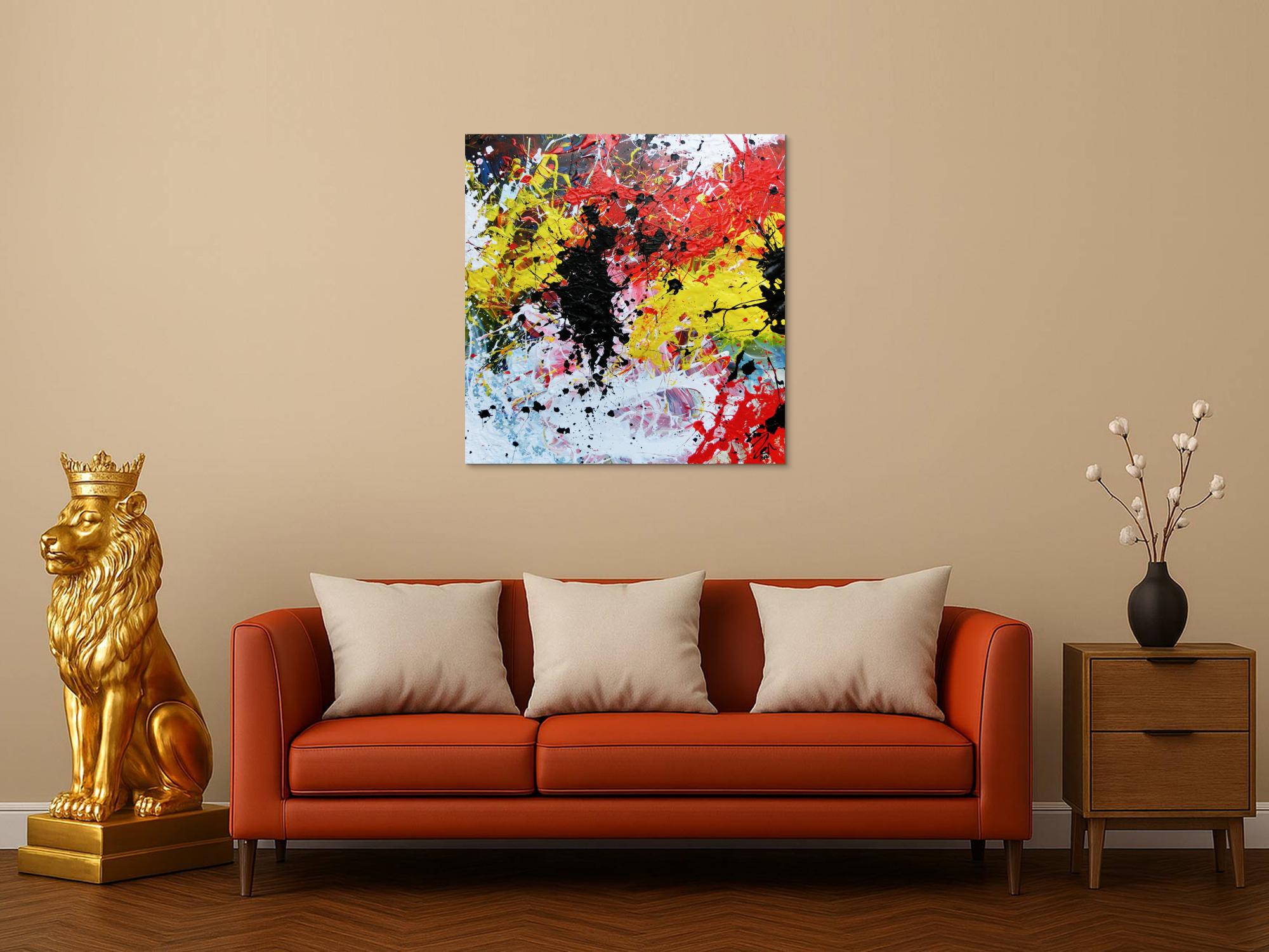 Abstraktes Gemälde modern Action Painting bunt weiß gelb rot schwarz