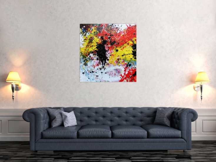 Abstraktes Gemälde modern Action Painting bunt weiß gelb rot schwarz