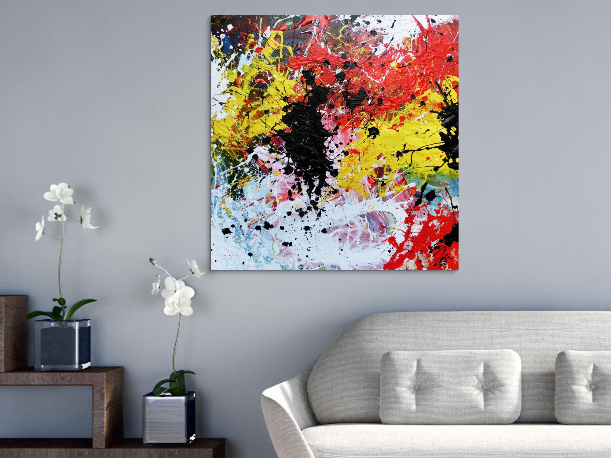 Abstraktes Gemälde modern Action Painting bunt weiß gelb rot schwarz
