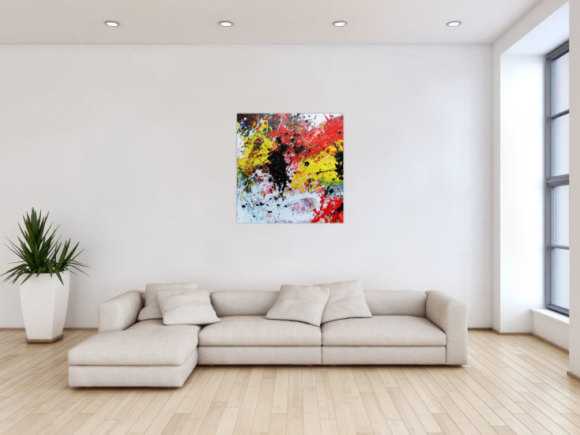 Abstraktes Gemälde modern Action Painting bunt weiß gelb rot schwarz