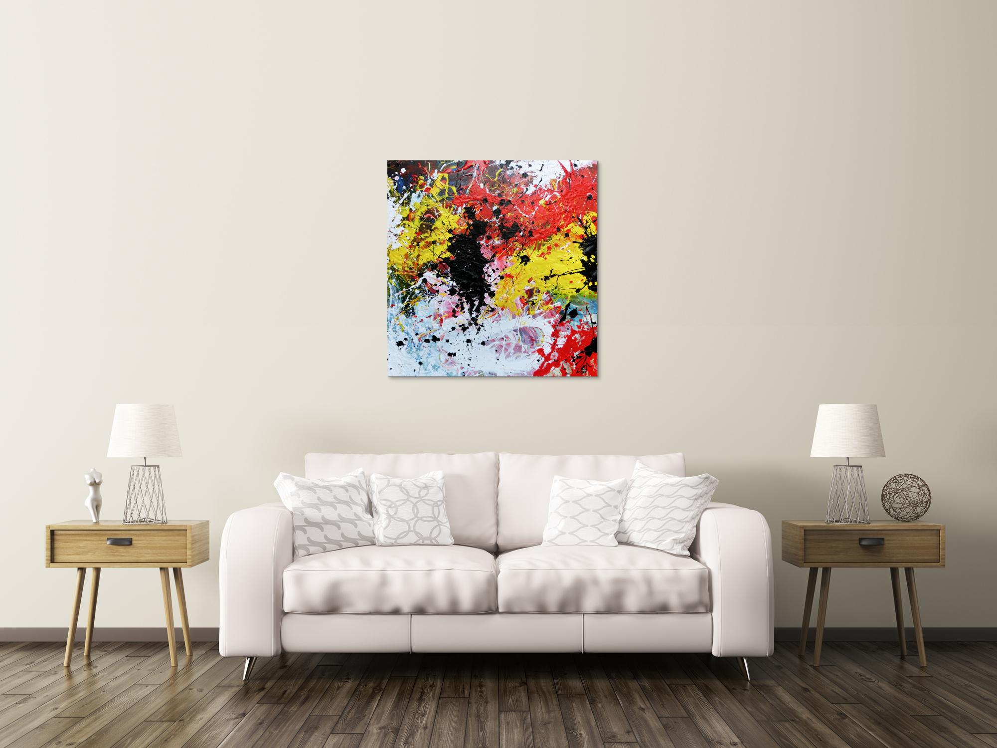 Abstraktes Gemälde modern Action Painting bunt weiß gelb rot schwarz