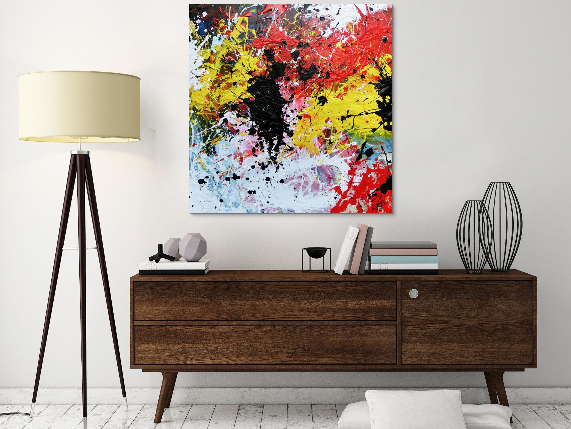 Abstraktes Gemälde modern Action Painting bunt weiß gelb rot schwarz