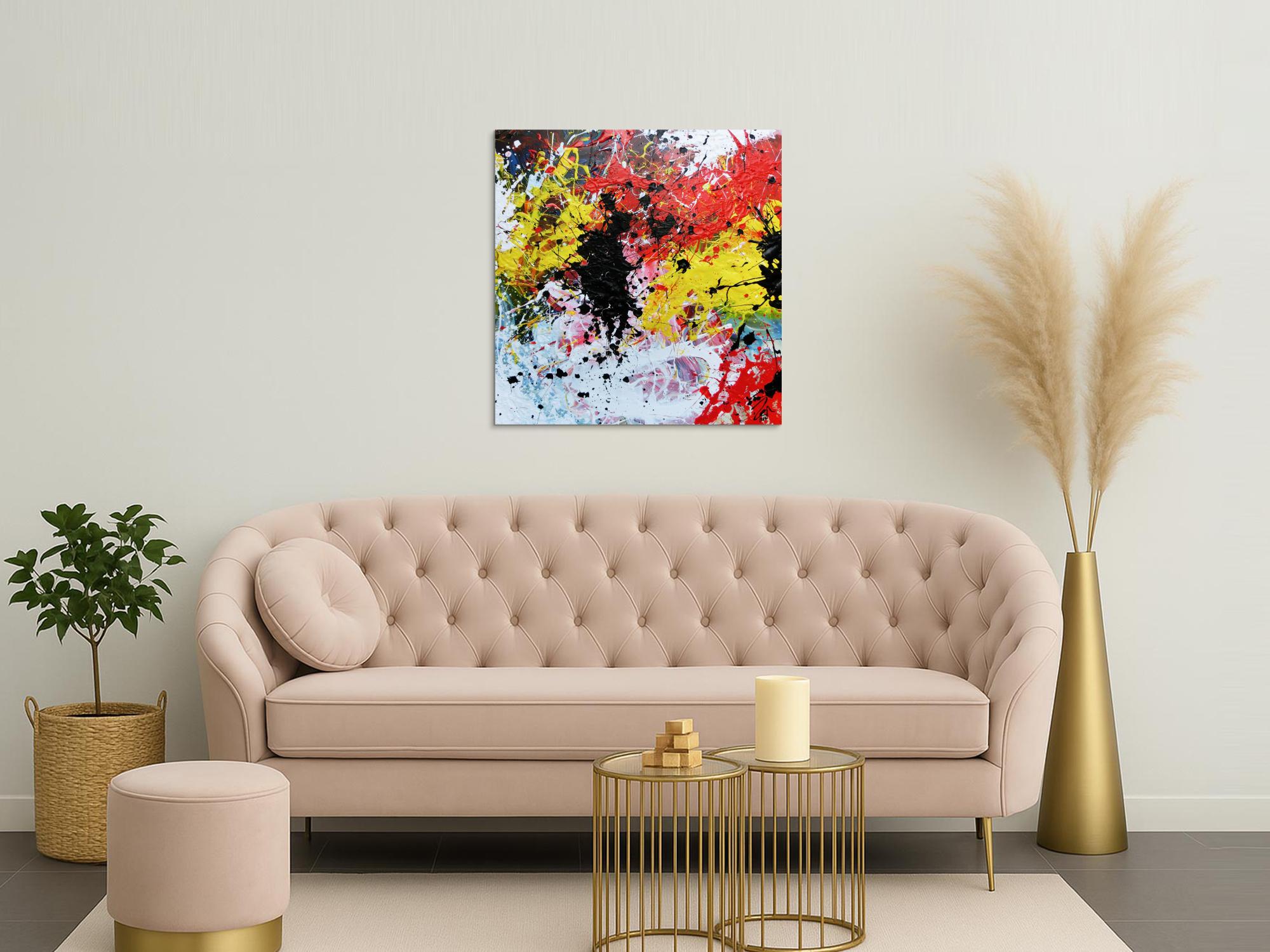 Abstraktes Gemälde modern Action Painting bunt weiß gelb rot schwarz