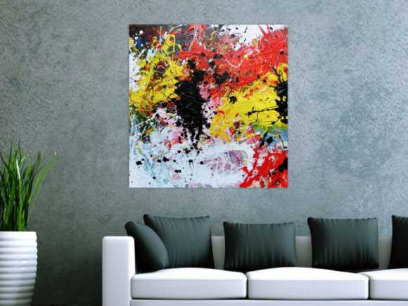 Abstraktes Gemälde modern Action Painting bunt weiß gelb rot schwarz