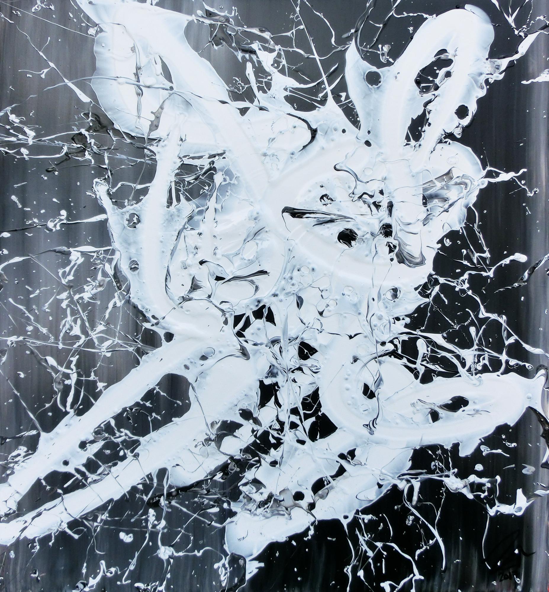 Abstraktes Gemälde schwarz weiß modern Action Paiting weißer Fleck