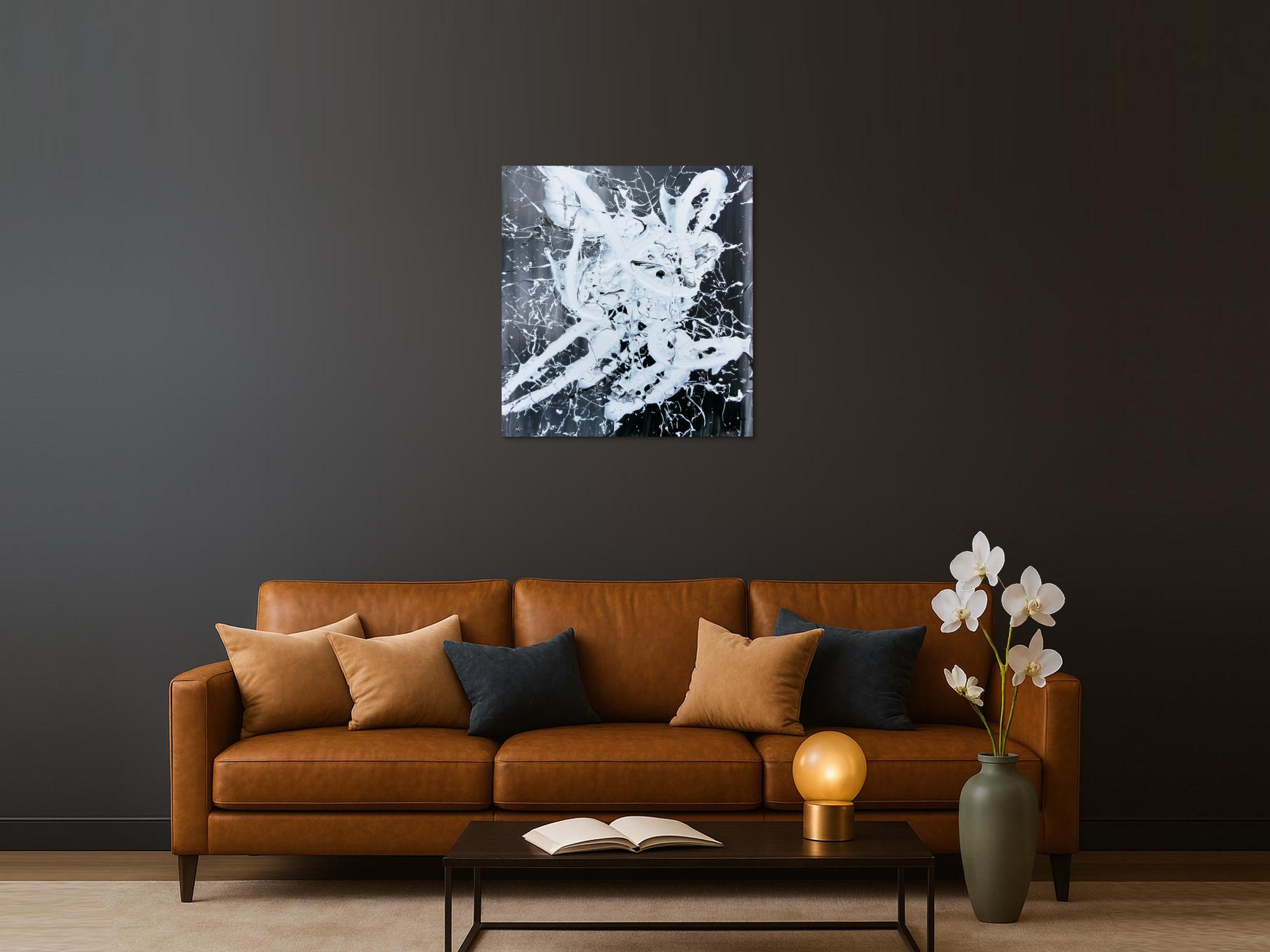 Abstraktes Gemälde schwarz weiß modern Action Paiting weißer Fleck