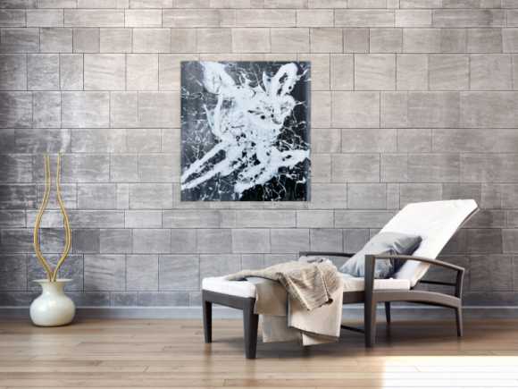 Abstraktes Gemälde schwarz weiß modern Action Paiting weißer Fleck